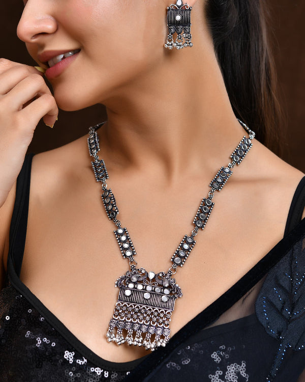 VOJ Oxidized Silver-Plated Stone-Studded Beaded Long Jewellery Set