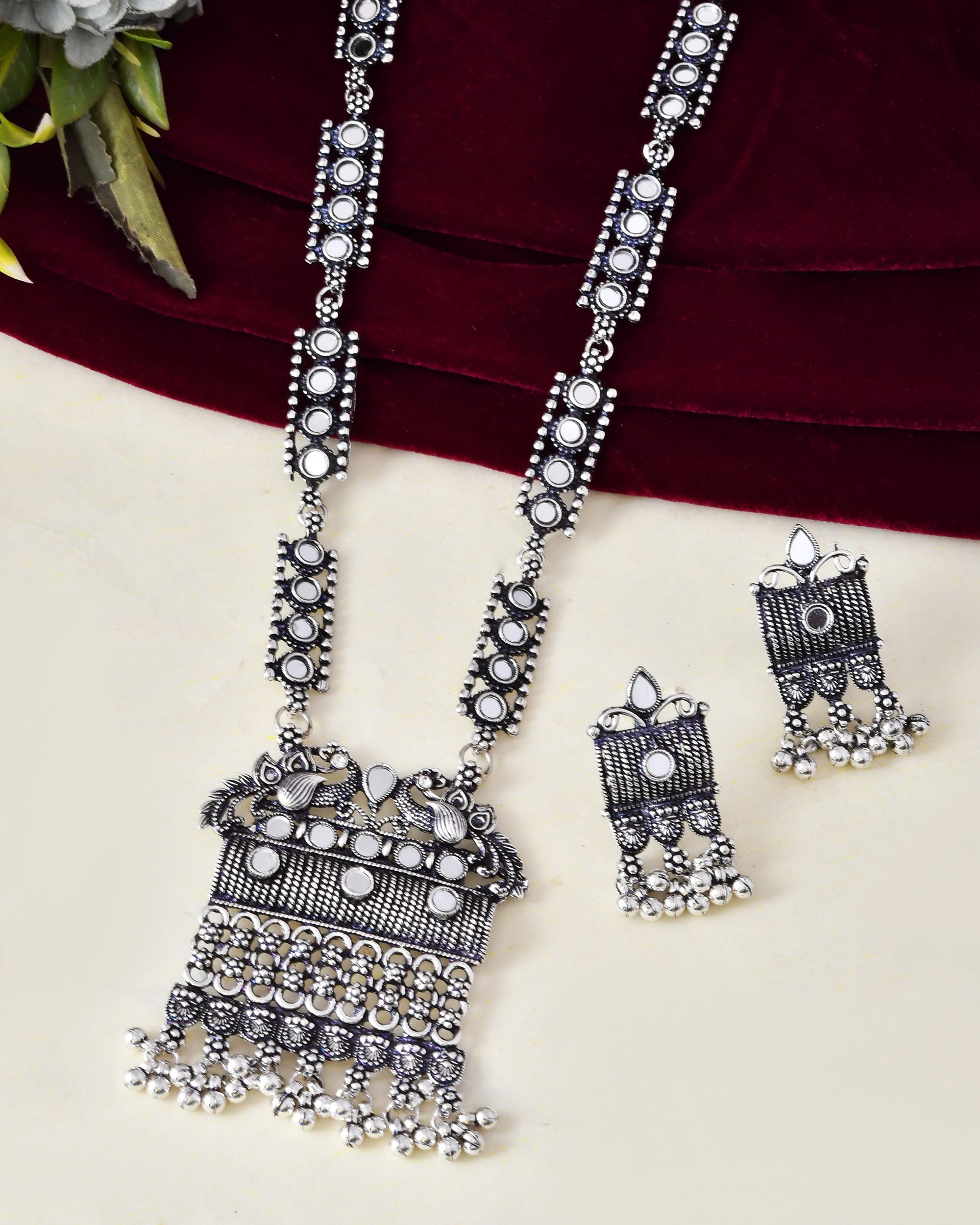 VOJ Oxidized Silver-Plated Stone-Studded Beaded Long Jewellery Set