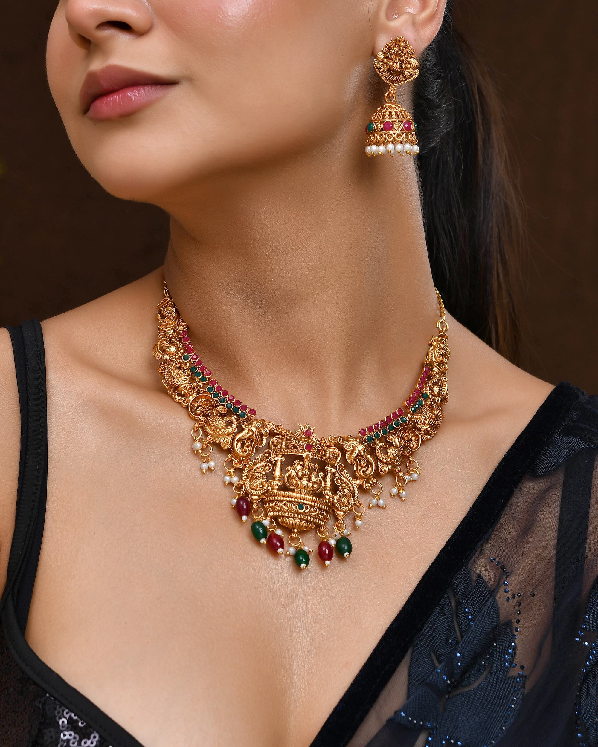 VOJ Gold Polished Beaded Temple Jewellery Set