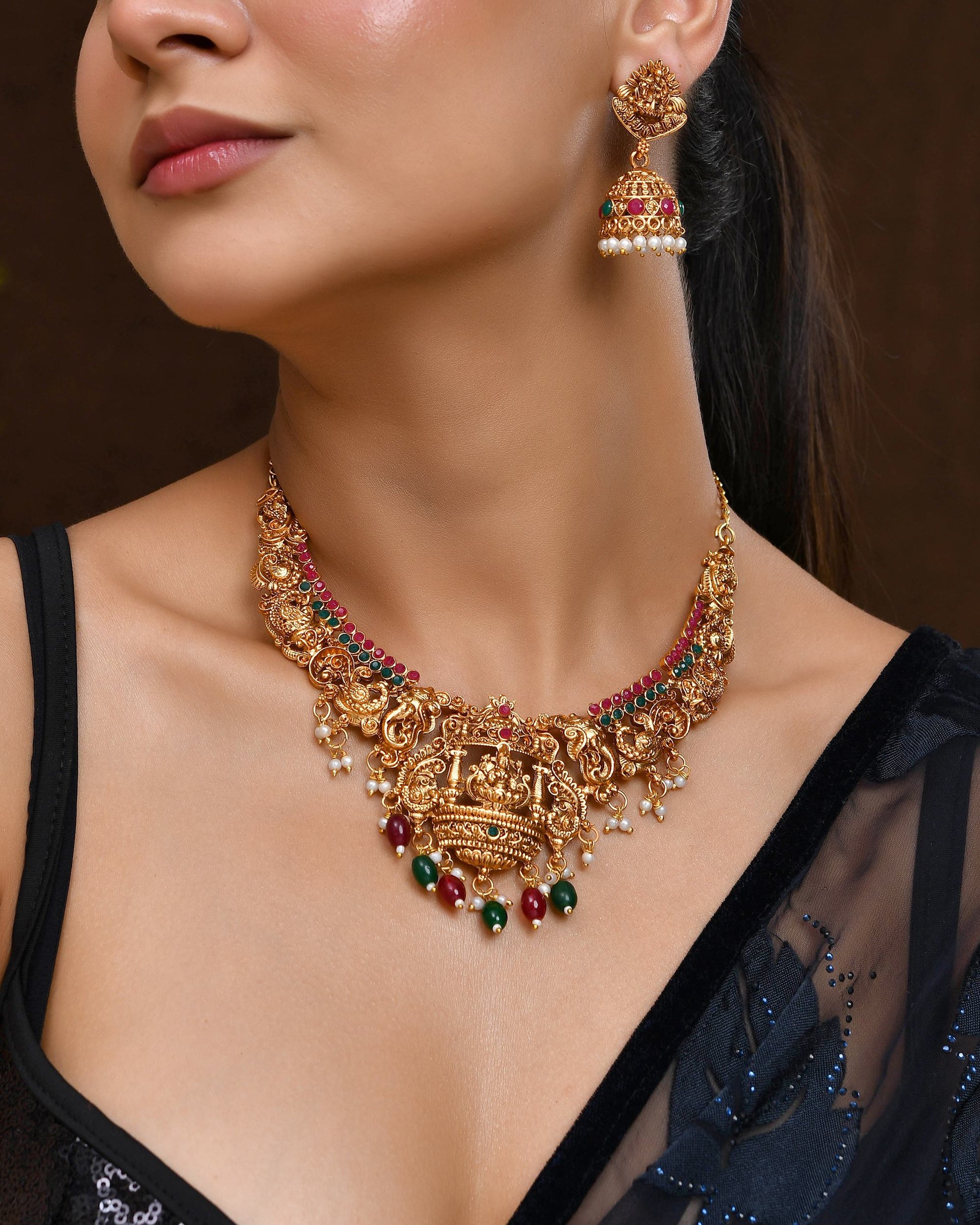 VOJ Gold Polished Beaded Temple Jewellery Set - Distacart