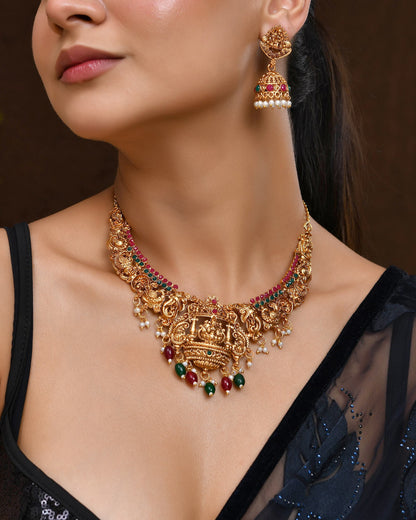 VOJ Gold Polished Beaded Temple Jewellery Set - Distacart