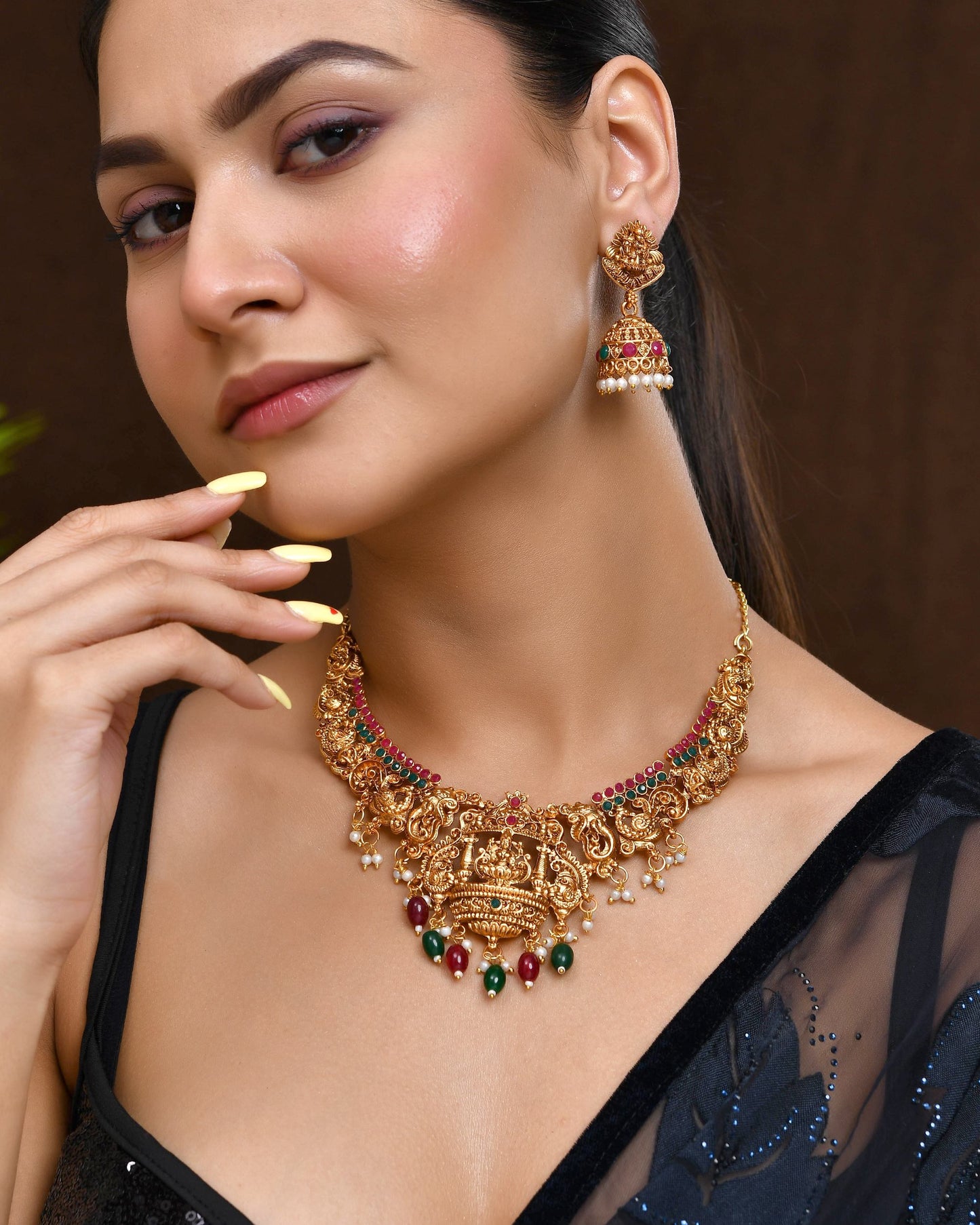 VOJ Gold Polished Beaded Temple Jewellery Set - Distacart