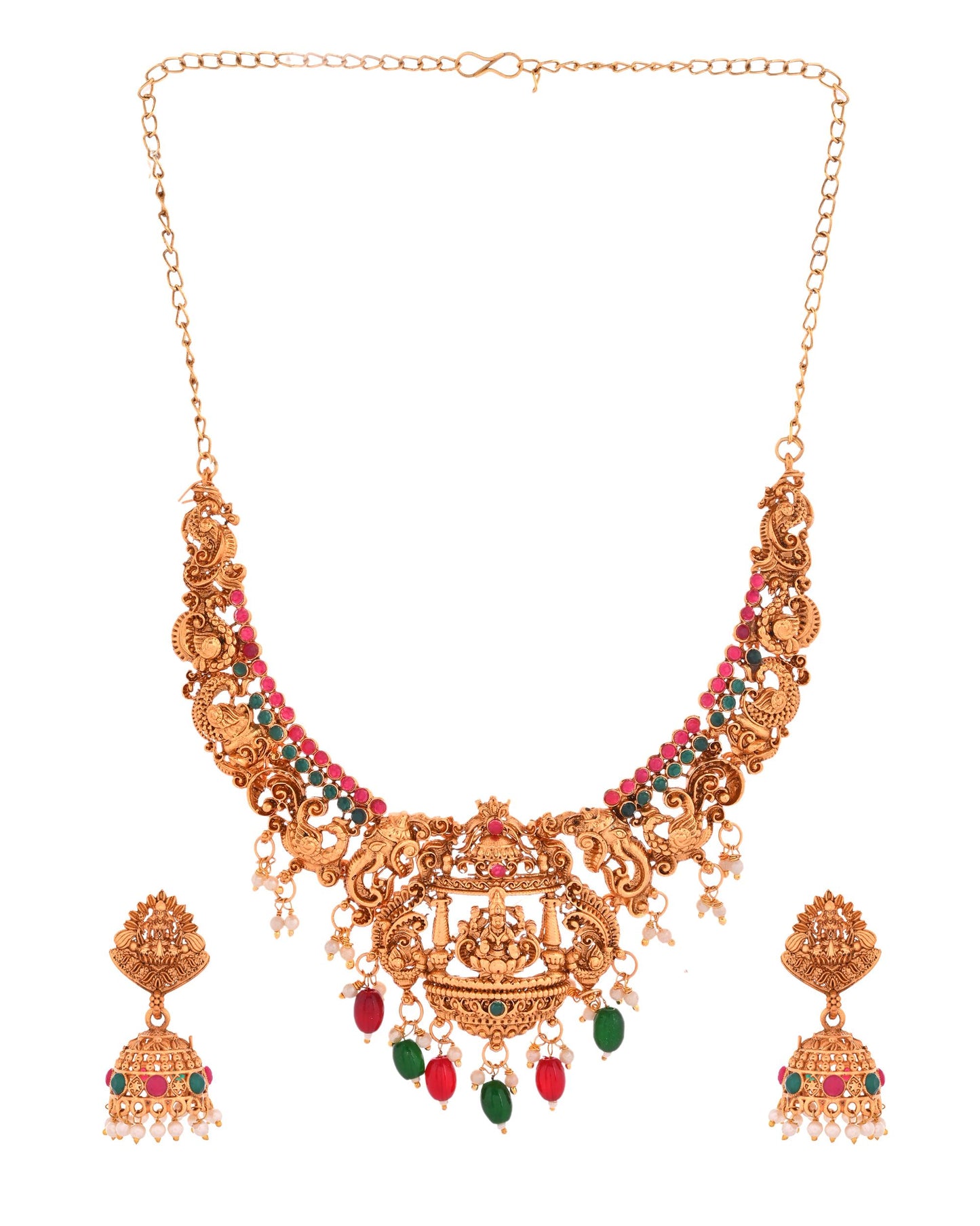 VOJ Gold Polished Beaded Temple Jewellery Set - Distacart