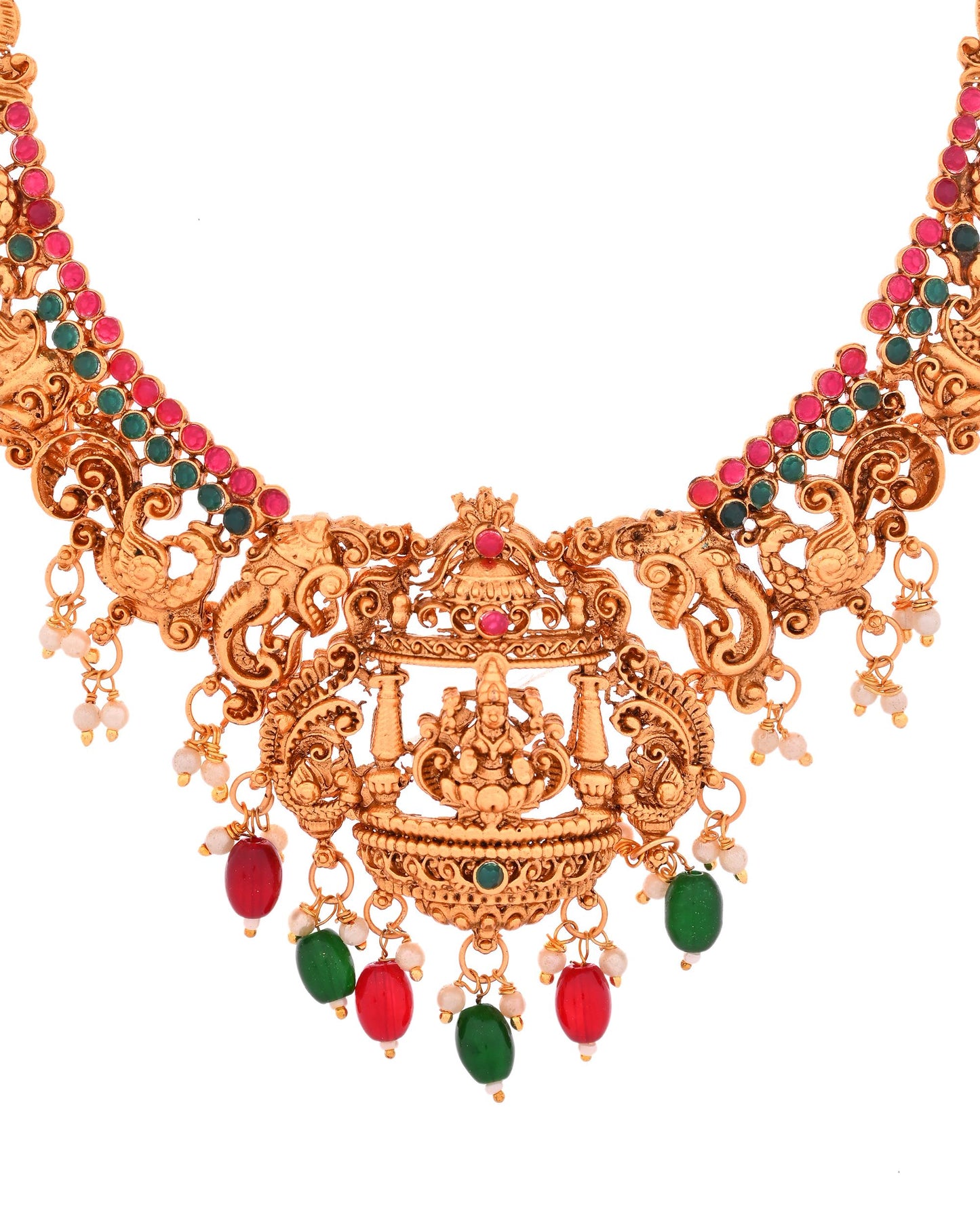 VOJ Gold Polished Beaded Temple Jewellery Set - Distacart