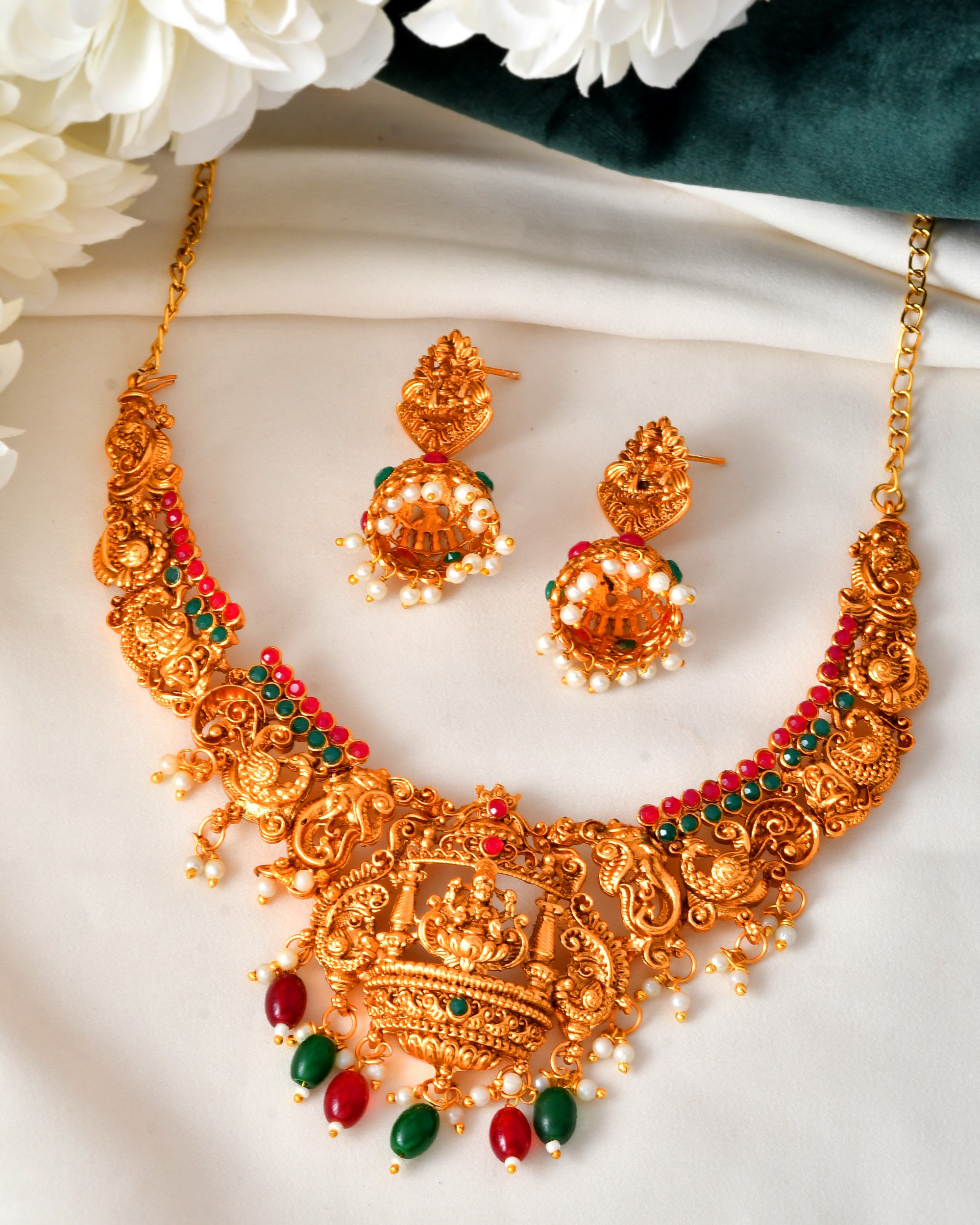 VOJ Gold Polished Beaded Temple Jewellery Set