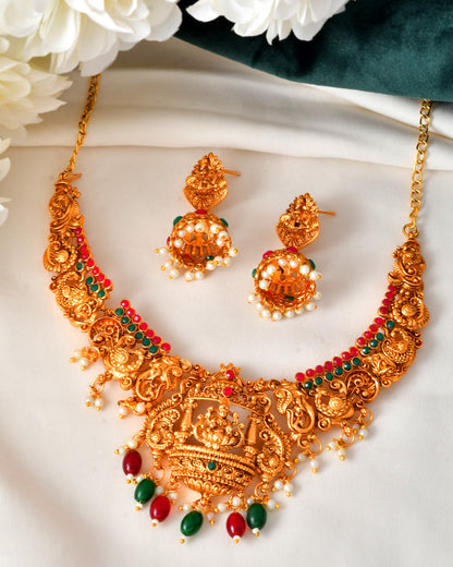 VOJ Gold Polished Beaded Temple Jewellery Set - Distacart