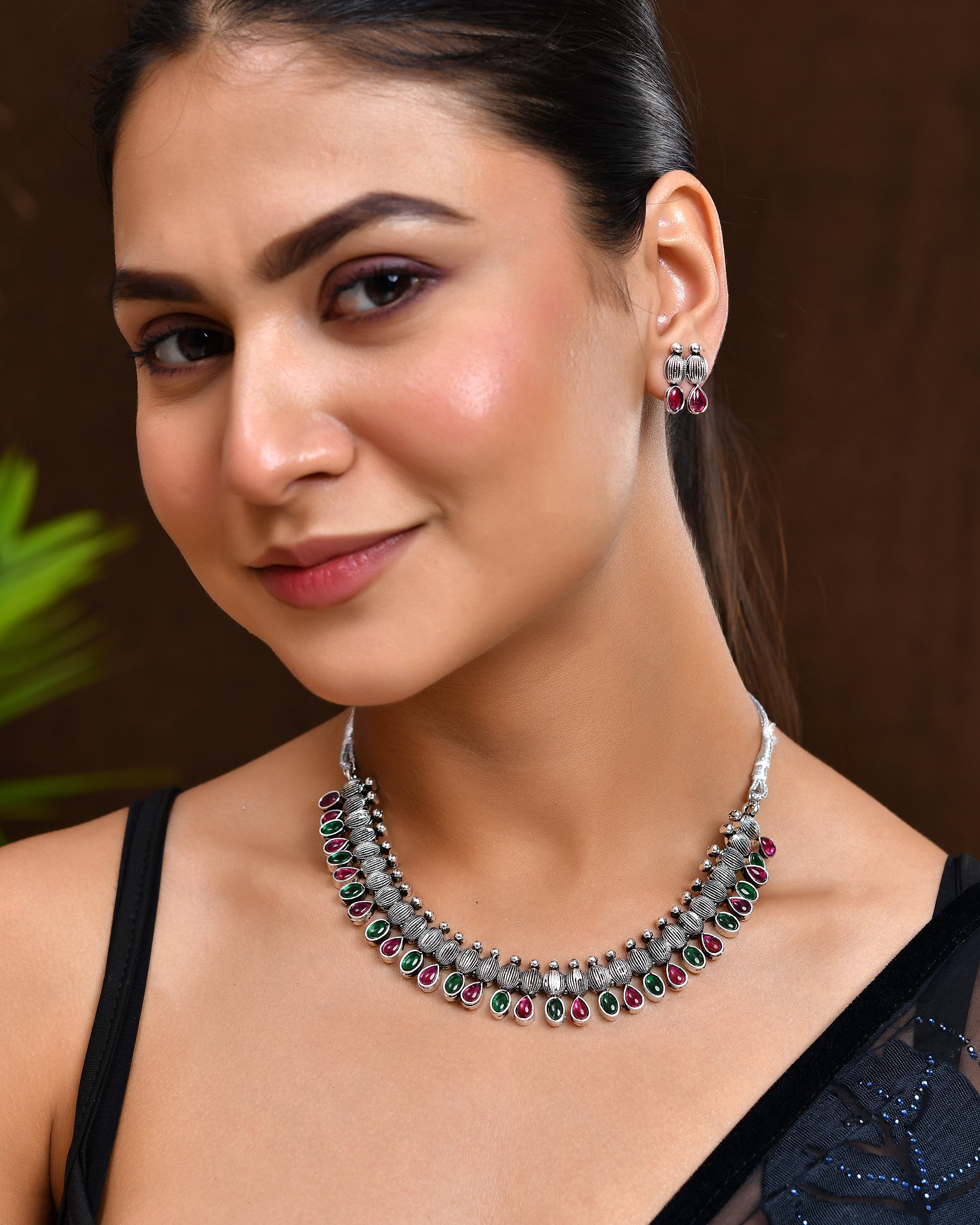 VOJ Oxidized Silver Toned Green And Pink Stone Studded Jewellery Set