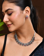 Thumbnail for VOJ Oxidized Silver Toned Green And Pink Stone Studded Jewellery Set