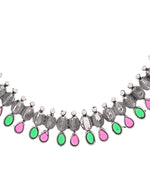 Thumbnail for VOJ Oxidized Silver Toned Green And Pink Stone Studded Jewellery Set