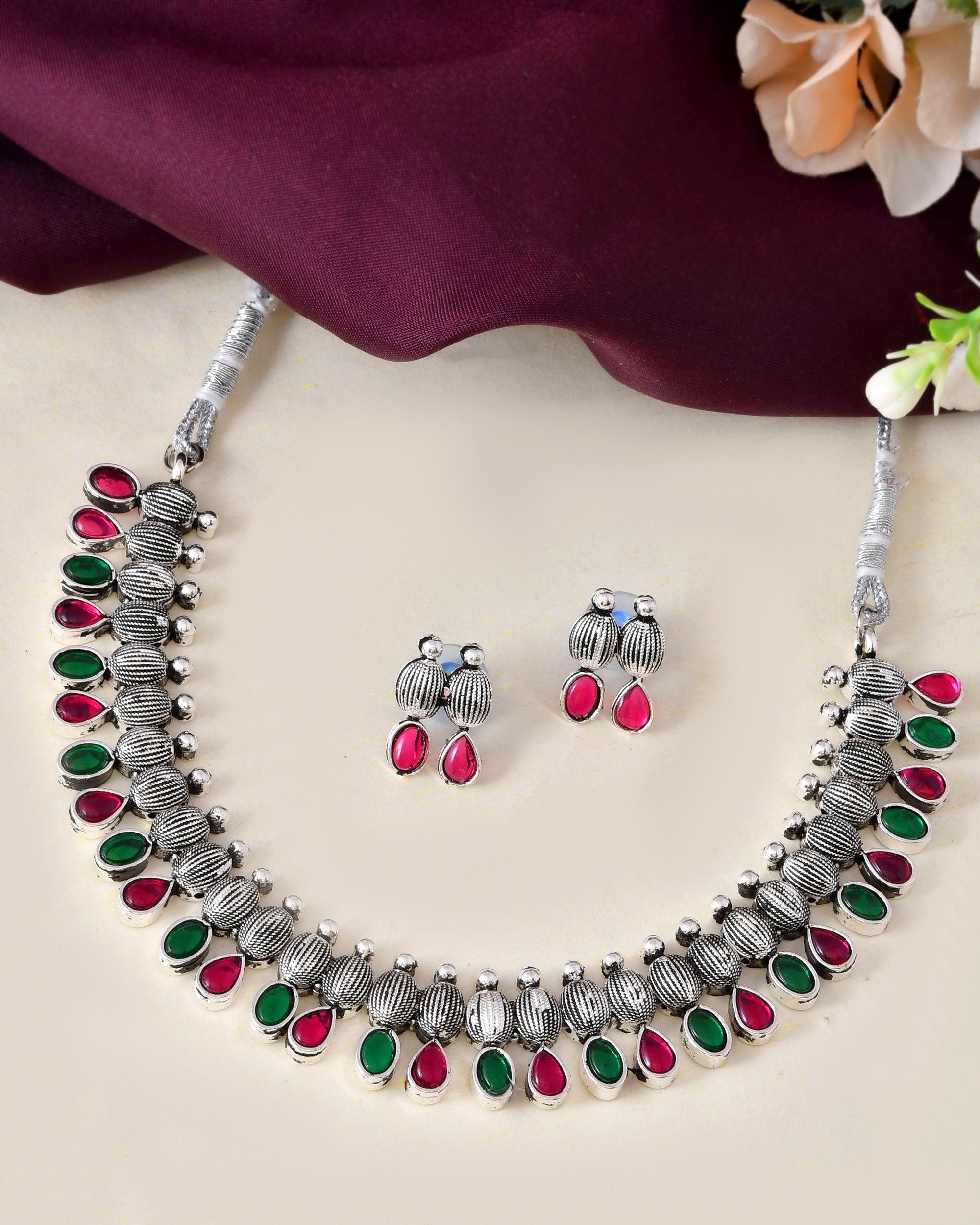 VOJ Oxidized Silver Toned Green And Pink Stone Studded Jewellery Set