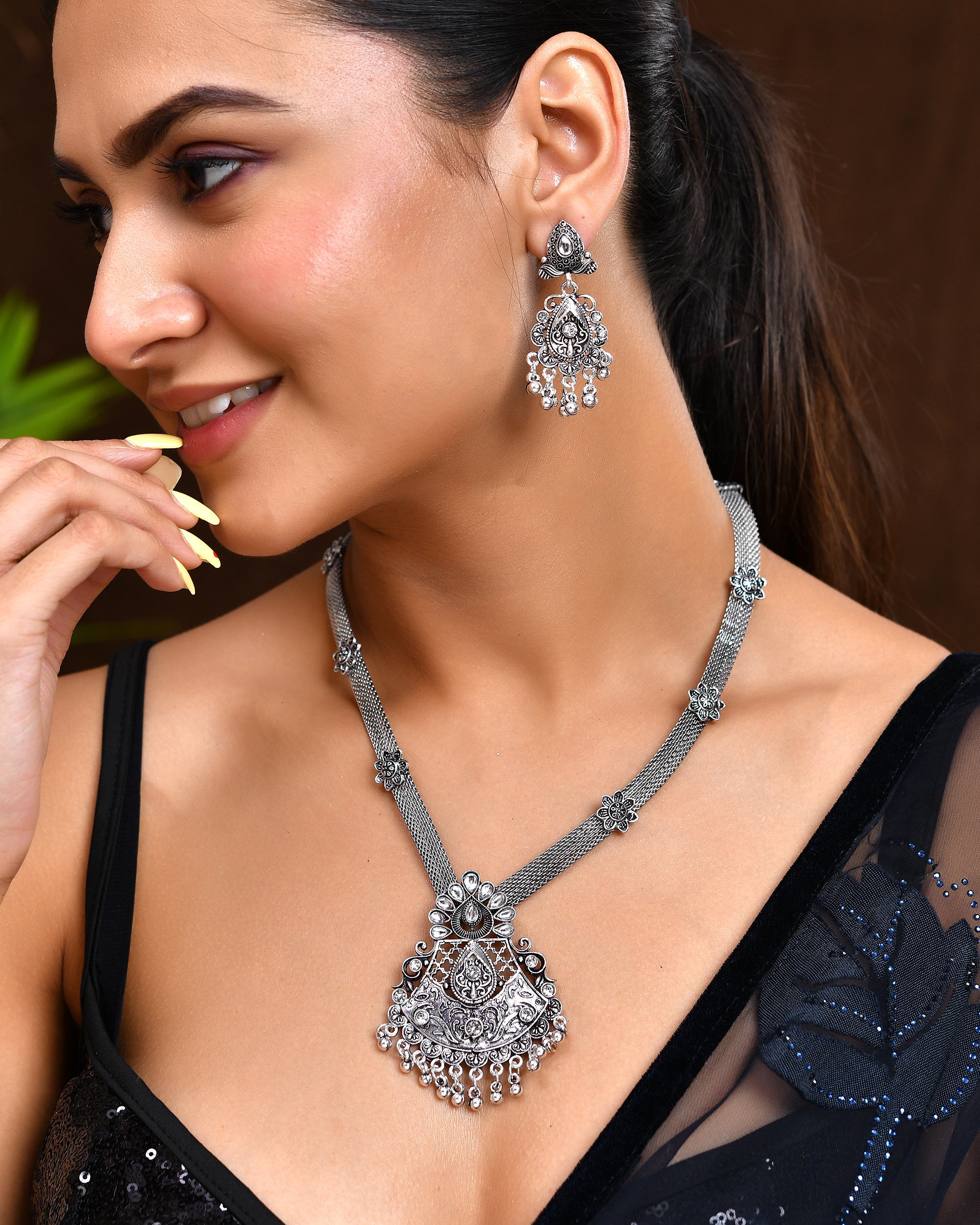 VOJ Oxidized Silver-Plated Artificial Beaded Long Jewellery Set