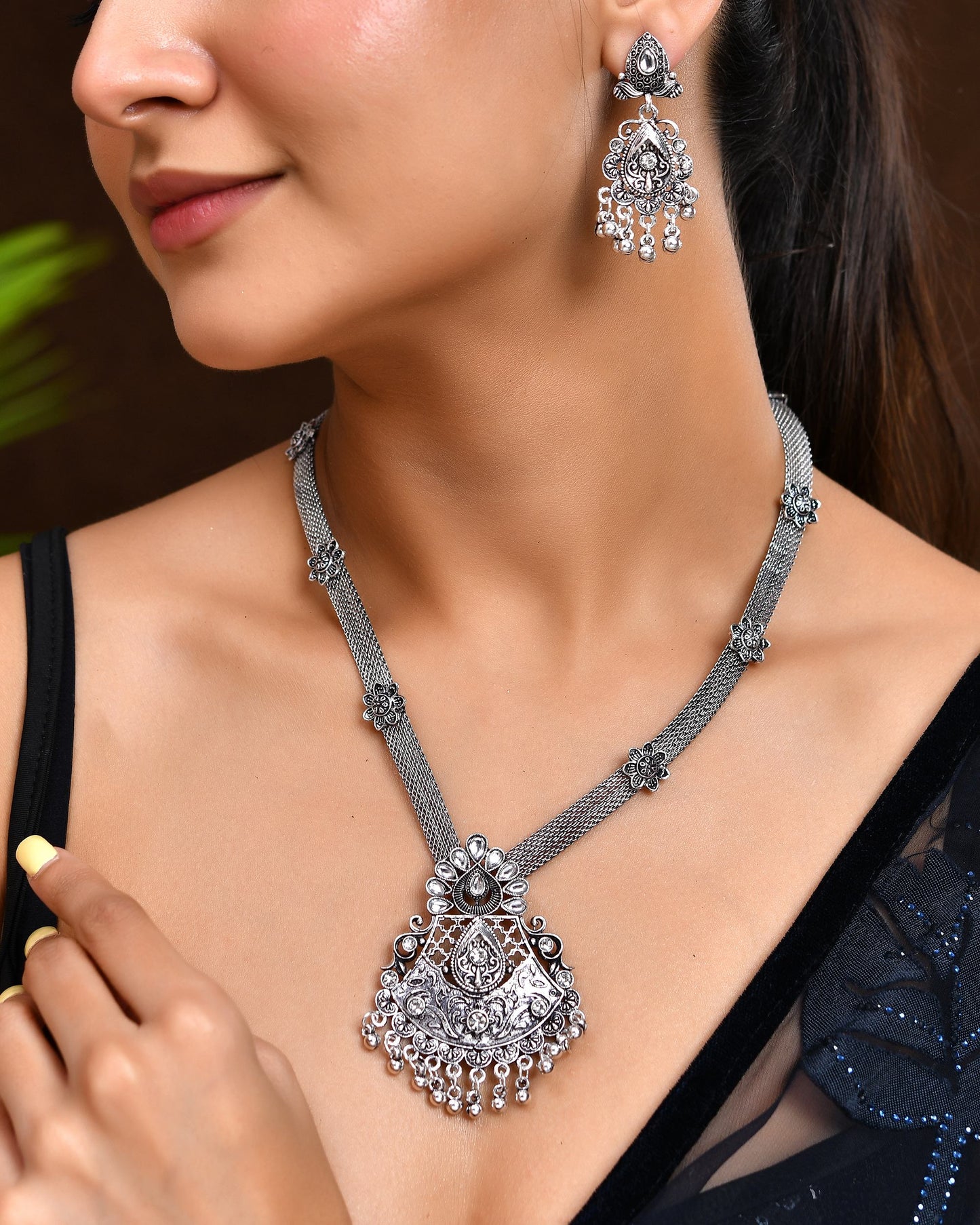 VOJ Oxidized Silver-Plated Artificial Beaded Long Jewellery Set - Distacart