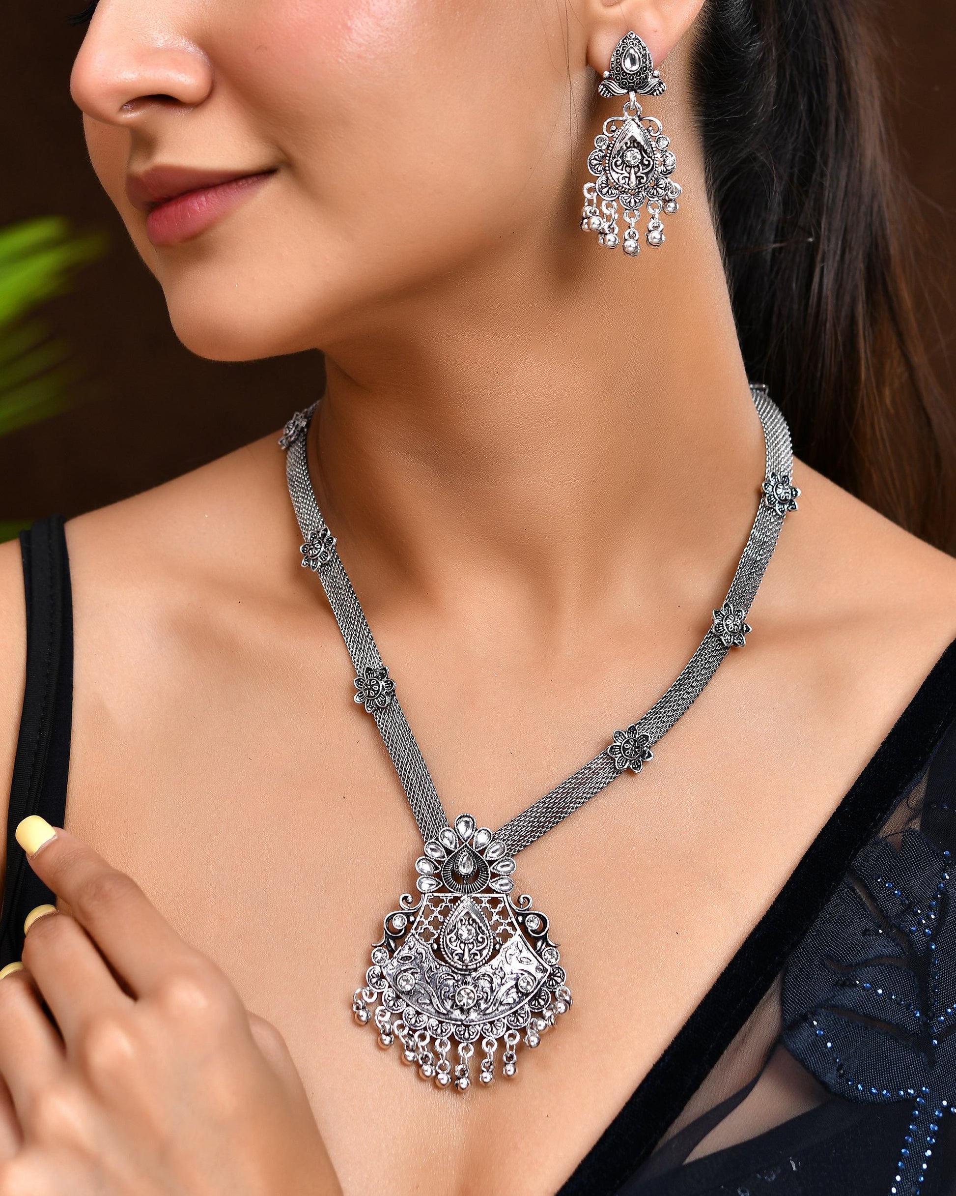 VOJ Oxidized Silver-Plated Artificial Beaded Long Jewellery Set - Distacart