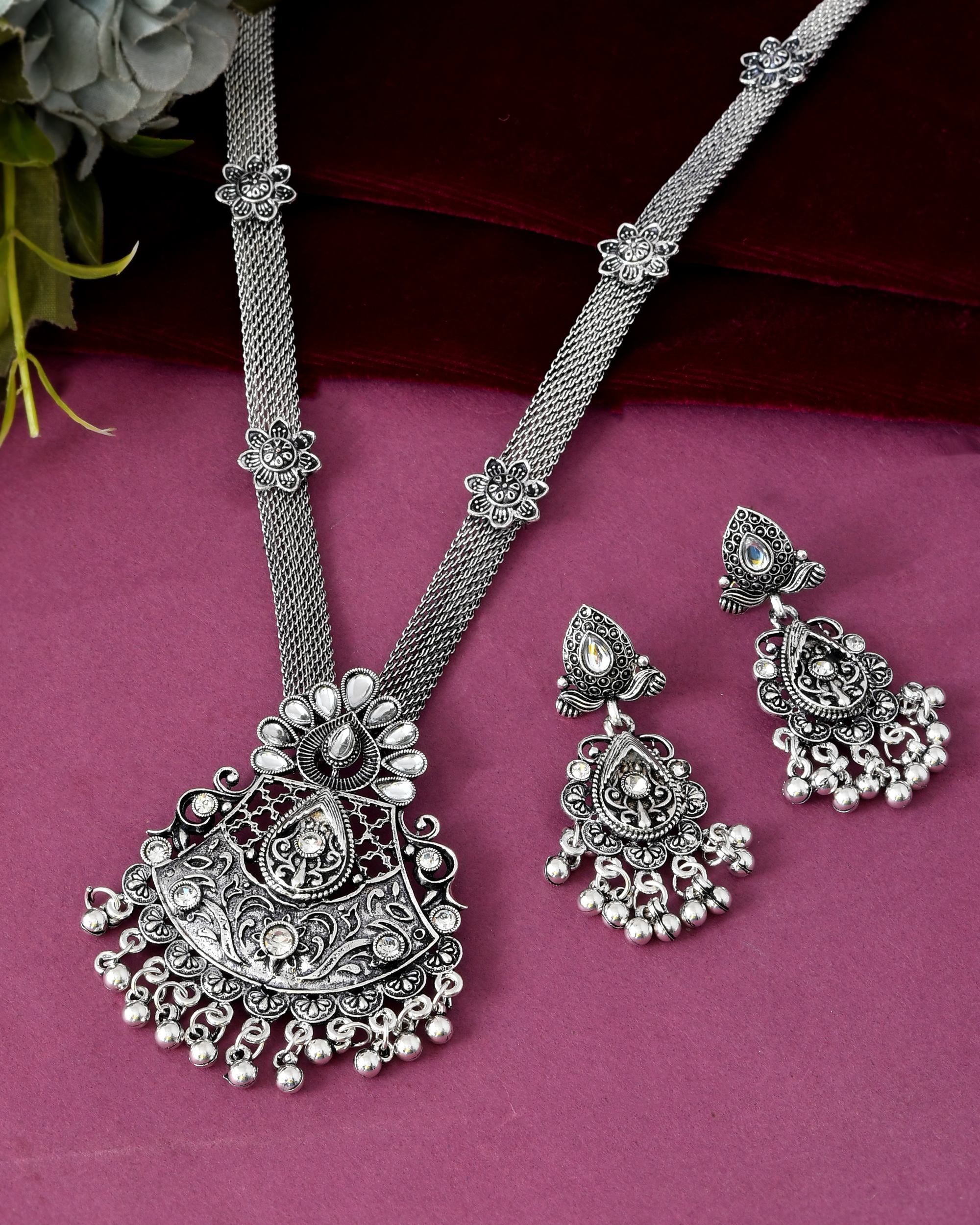 VOJ Oxidized Silver-Plated Artificial Beaded Long Jewellery Set