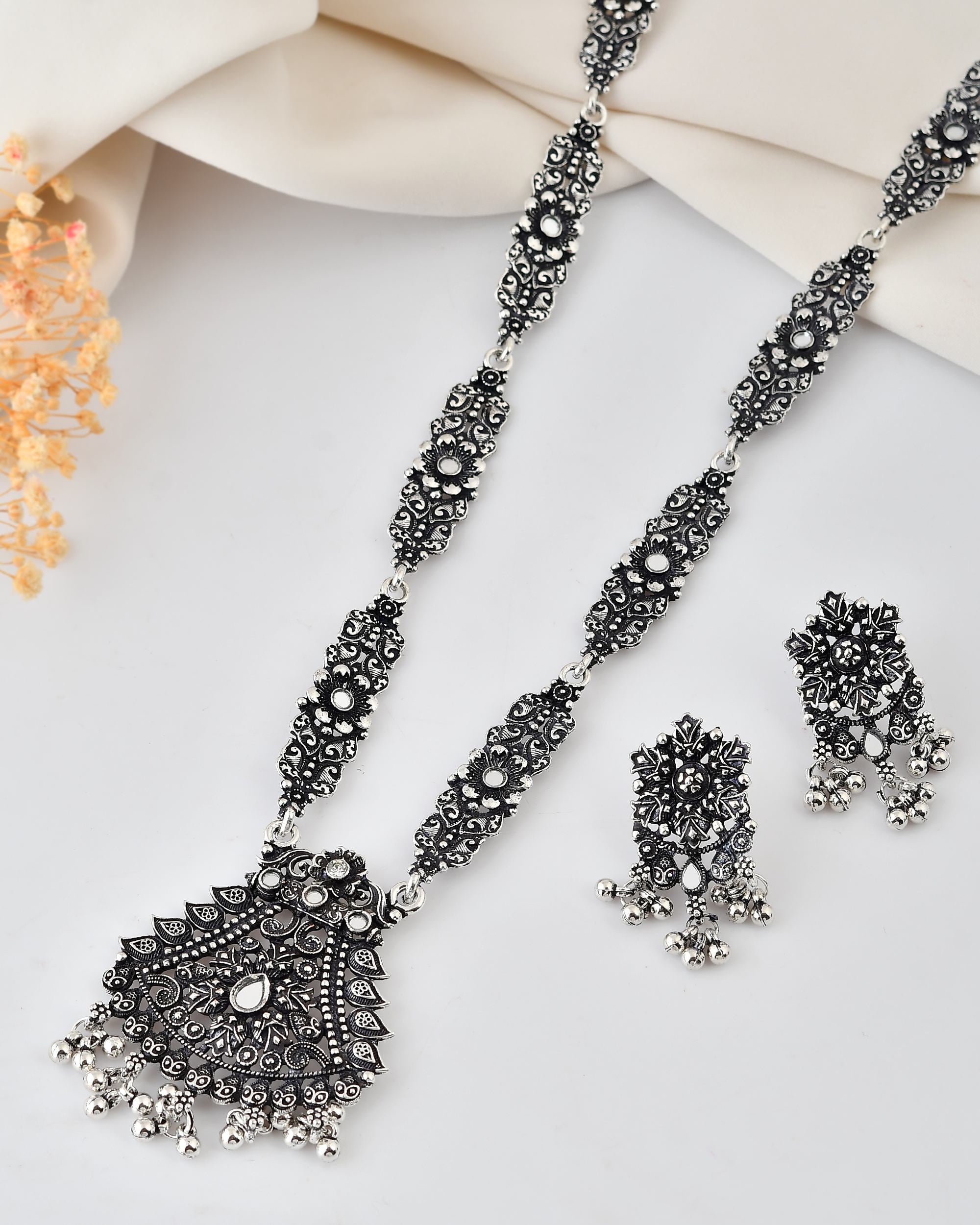 VOJ Oxidized Silver-Plated Artificial Stone And Beaded Long Jewellery Set - Distacart