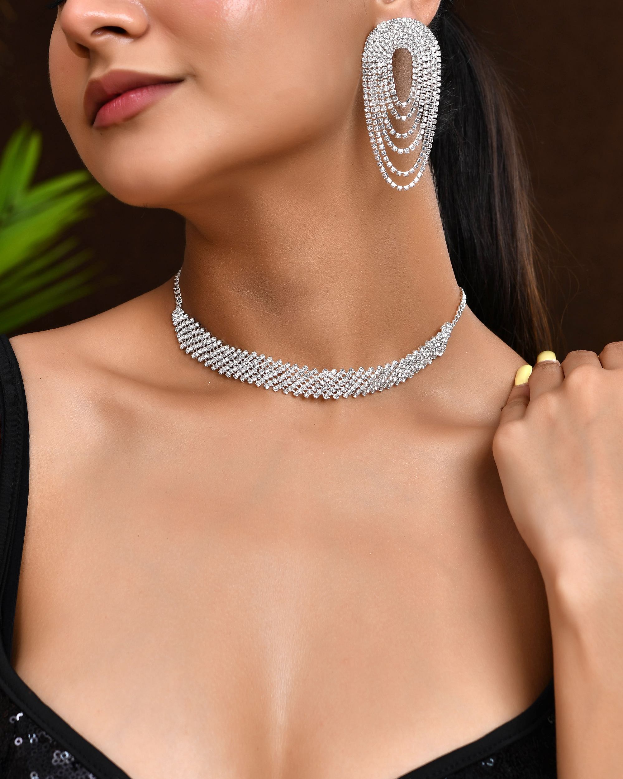 VOJ Silver-Plated Cubic Stone Studded Jewellery Set