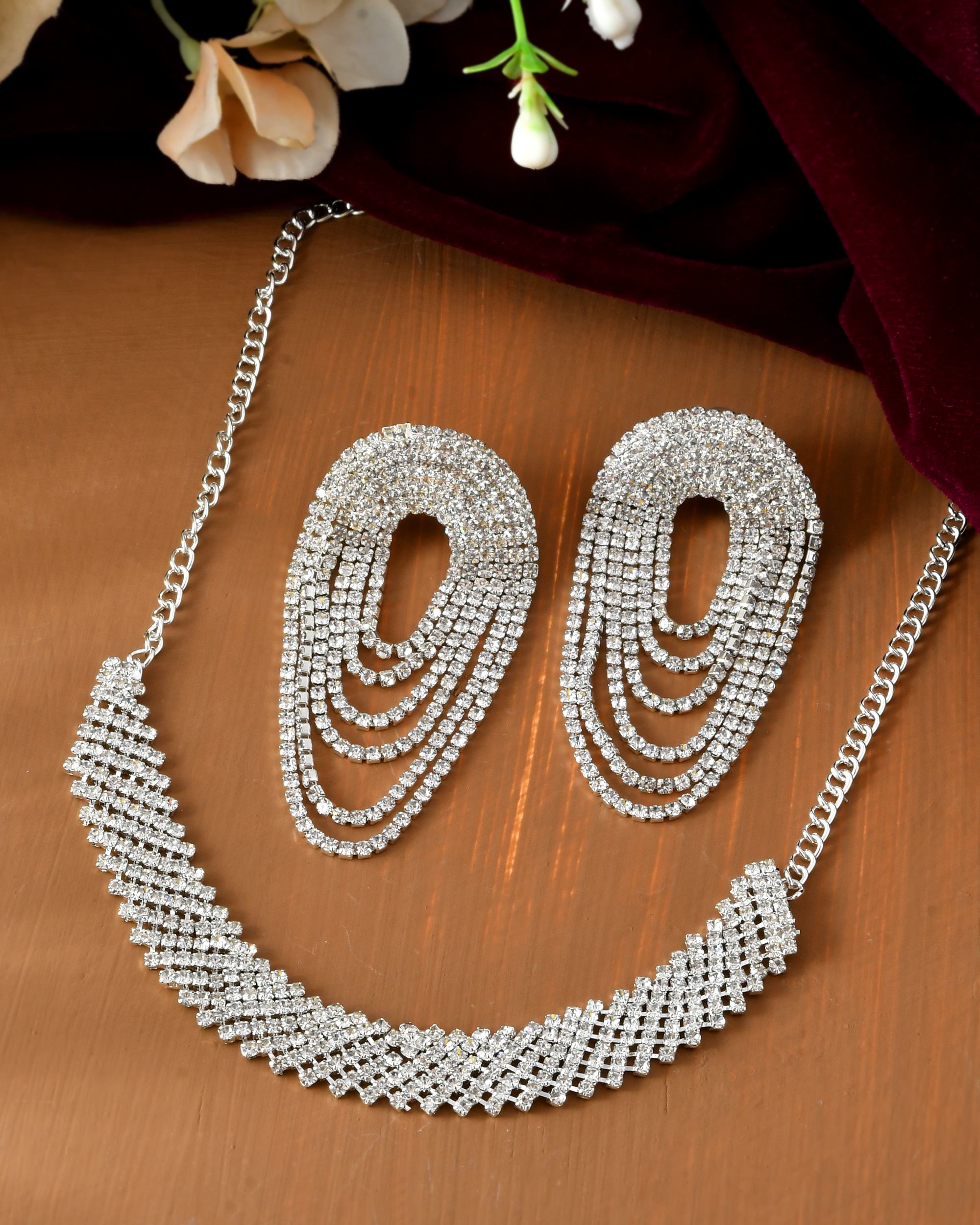 VOJ Silver-Plated Cubic Stone Studded Jewellery Set