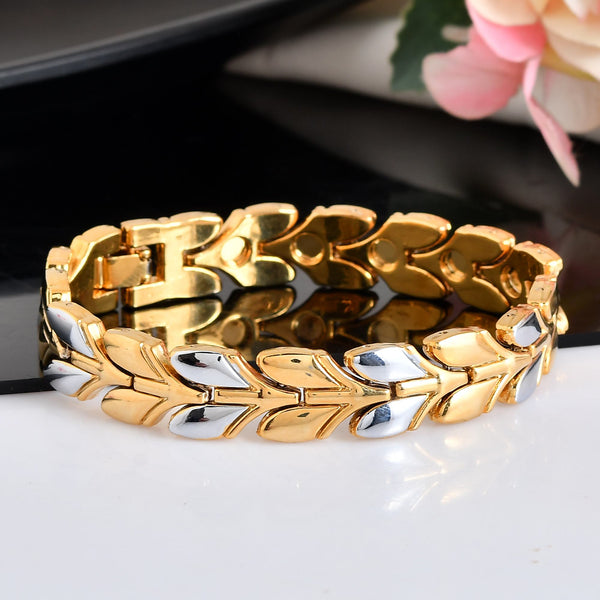 VOJ Gold Toned & Silver-Toned Stainless Steel Magnetic Wheat Chain Bracelet