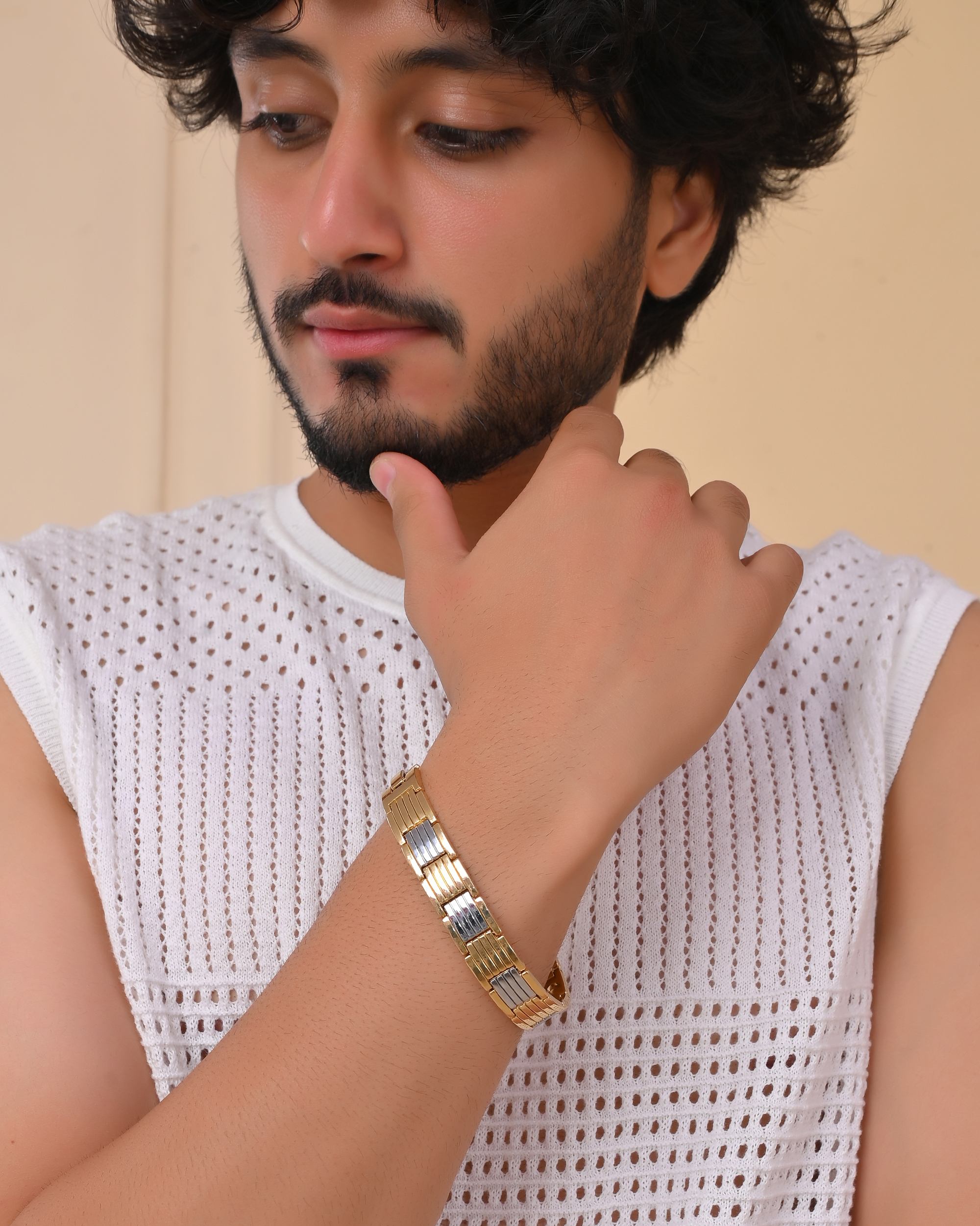 VOJ Men Silver & Gold-Toned Link Bio Energy Bracelet