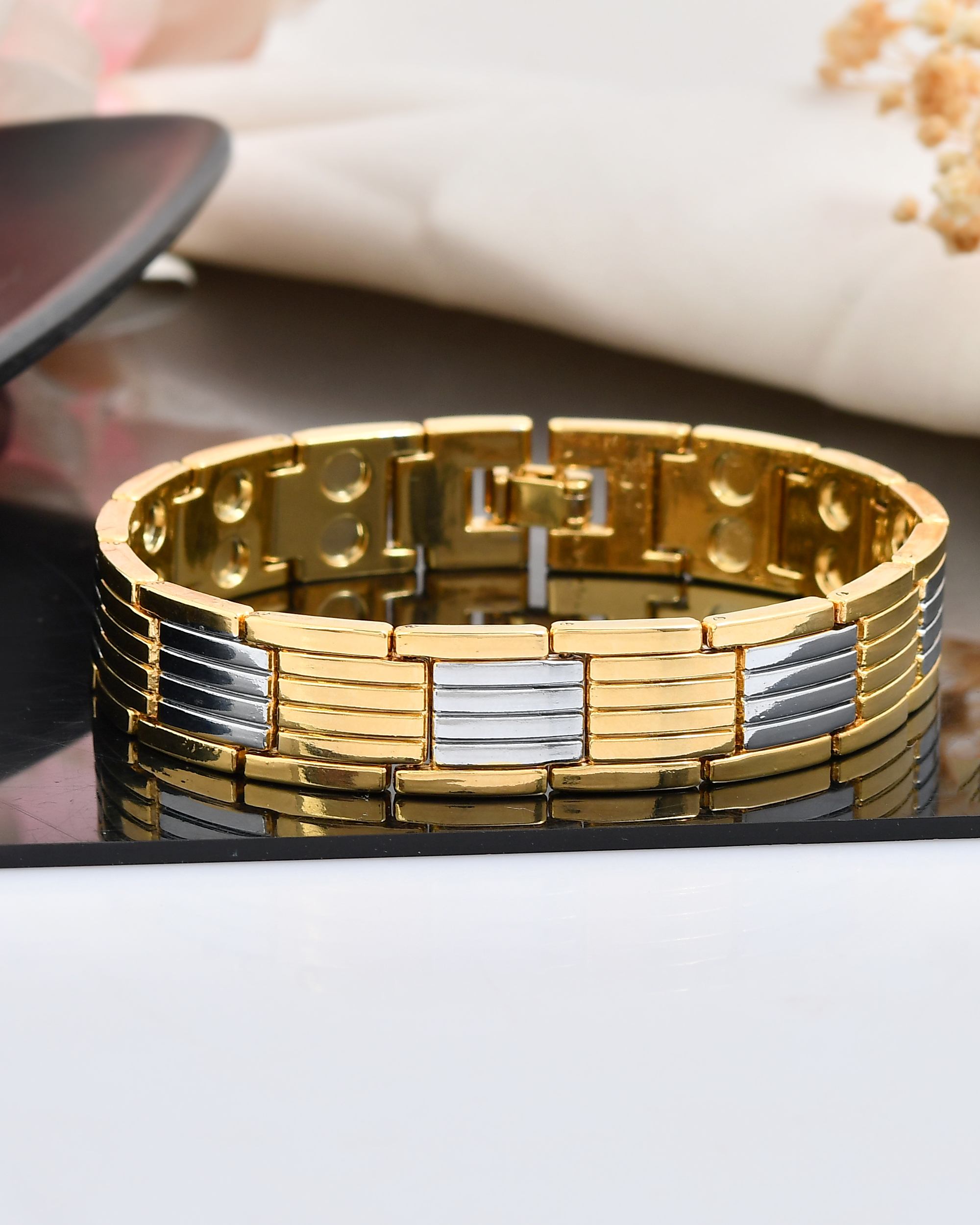 VOJ Men Silver & Gold-Toned Link Bio Energy Bracelet