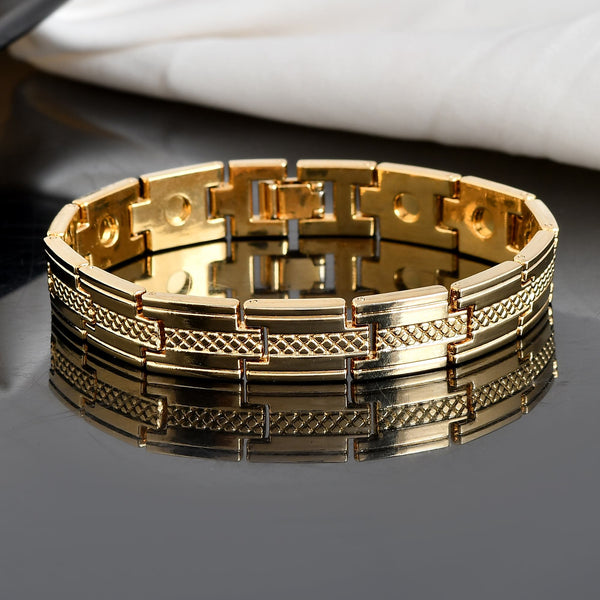 VOJ Men Gold-Toned Stainless Steel Grid Pattern Chain Bracelet - Distacart