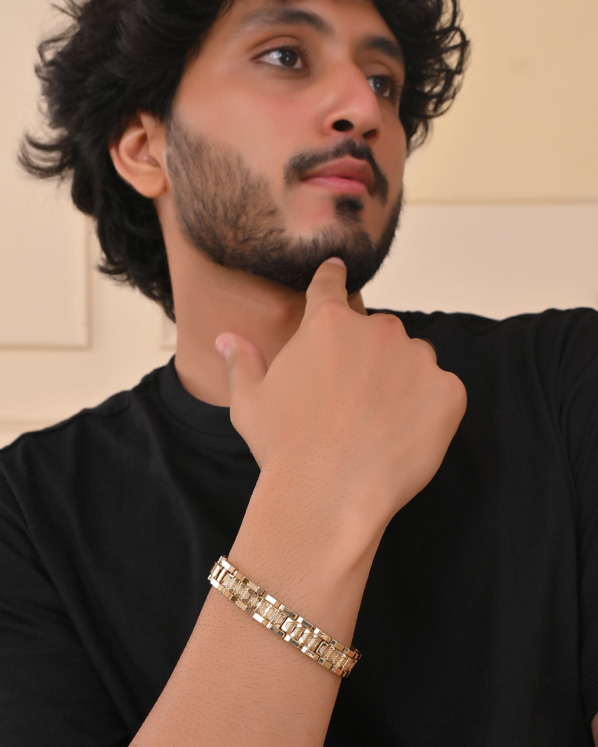 VOJ Men's Gold-Toned Textured Tungsten Steel Magnetic Bracelet