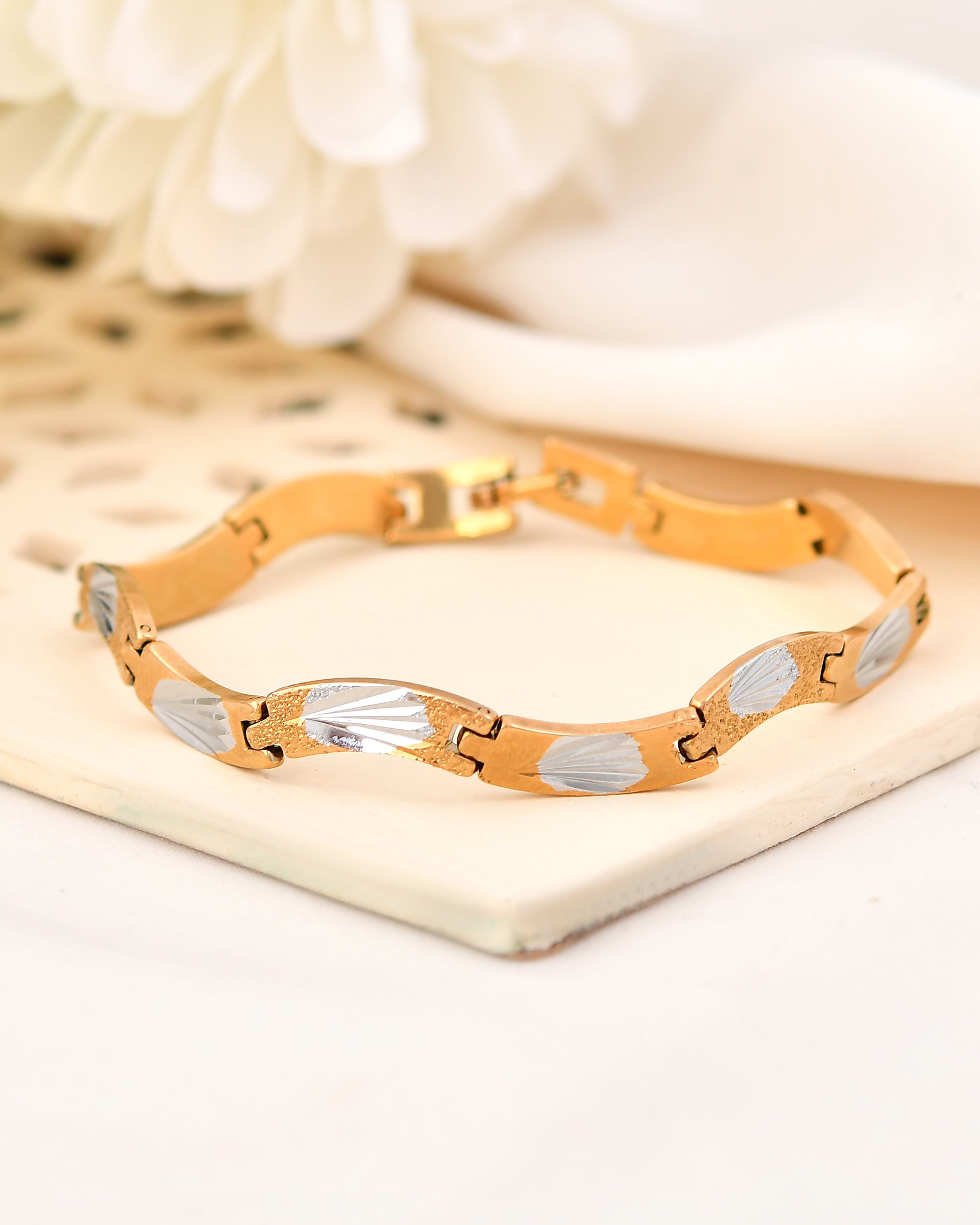 VOJ Men Gold Polished & Silver-Toned Exquisite Waved Linked Bracelet