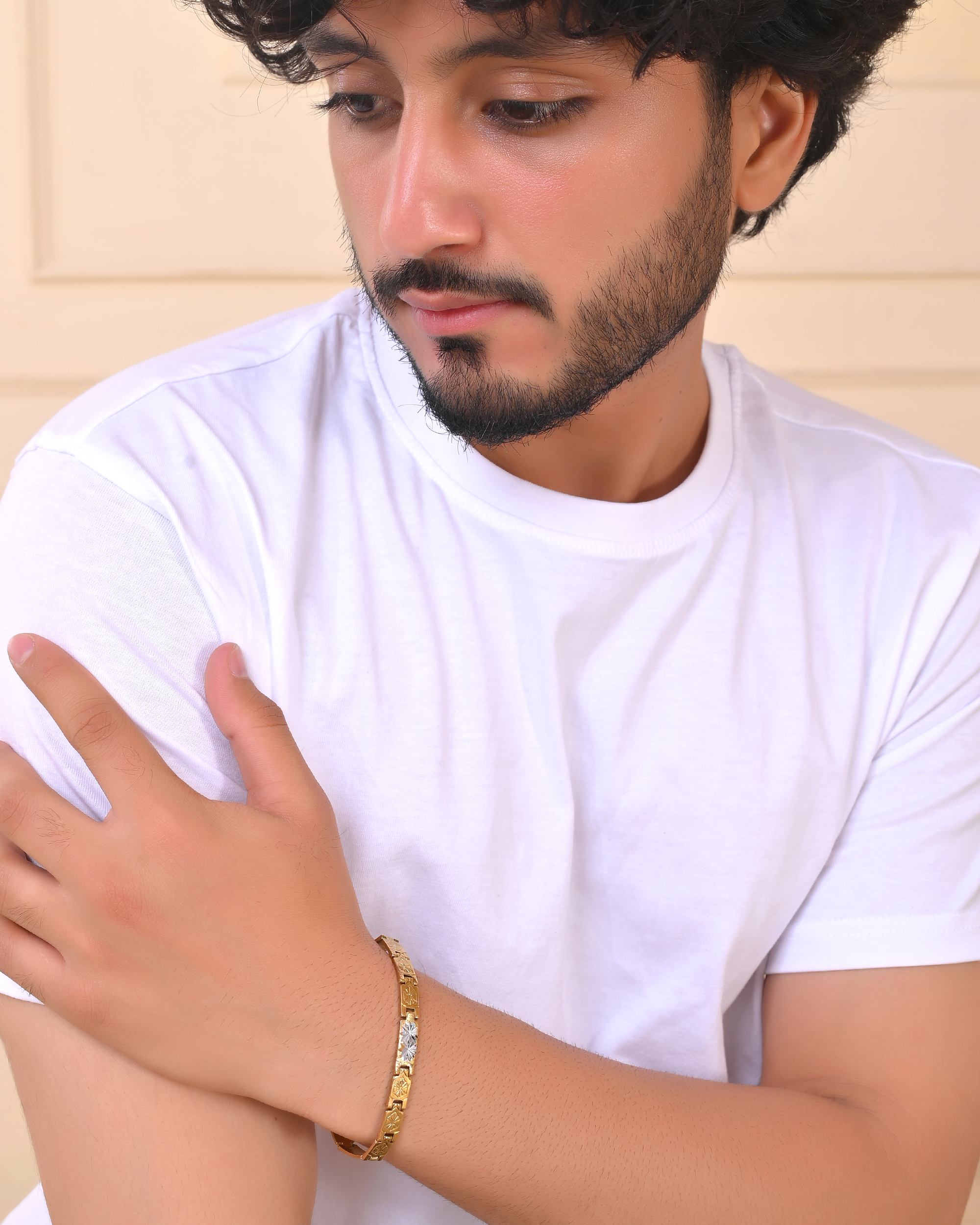 VOJ Gold And Silver Toned Stainless Steel Textural Bracelet For Men