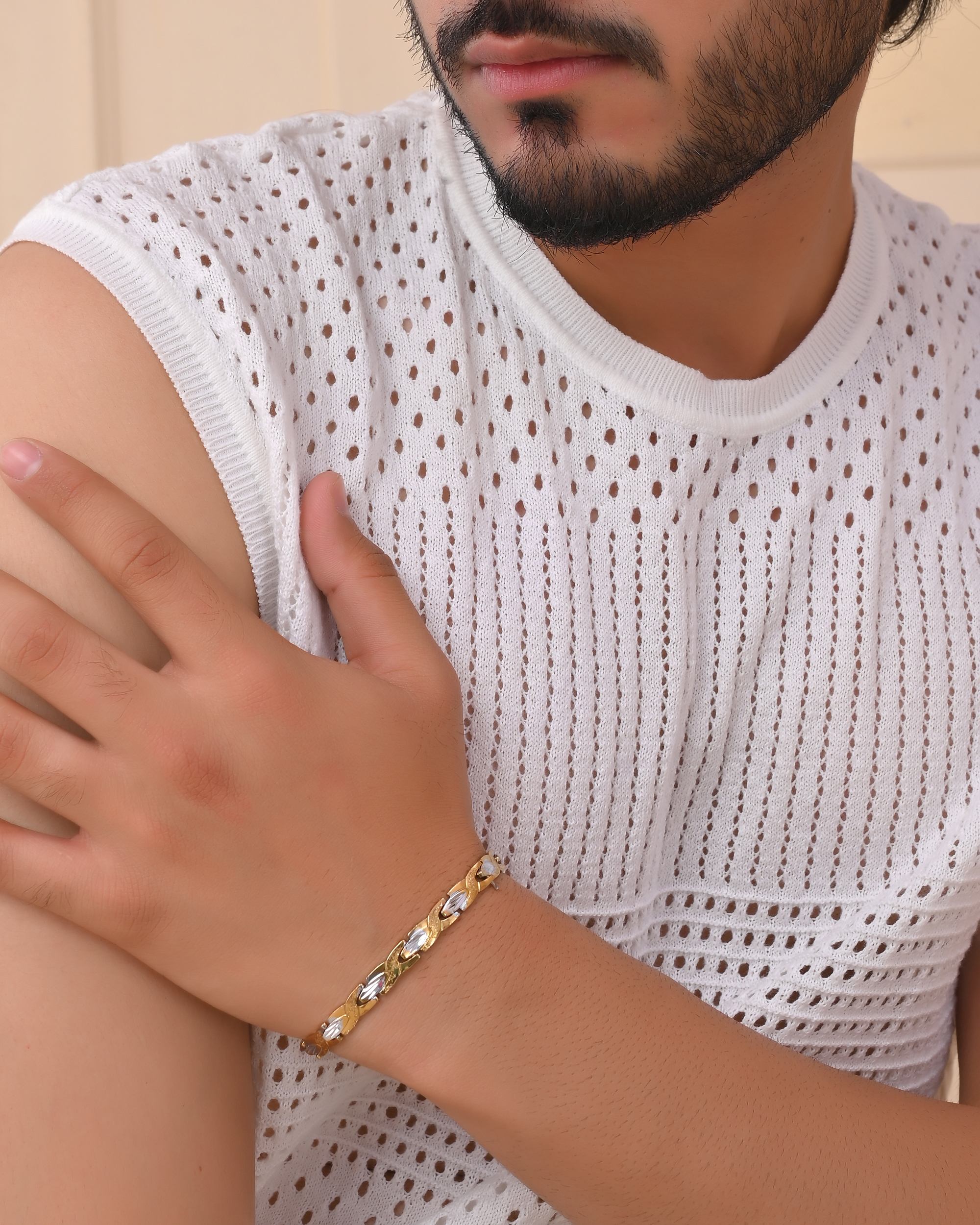 VOJ Gold And Silver Toned Stainless Steel Textural Linked Bracelet For Men