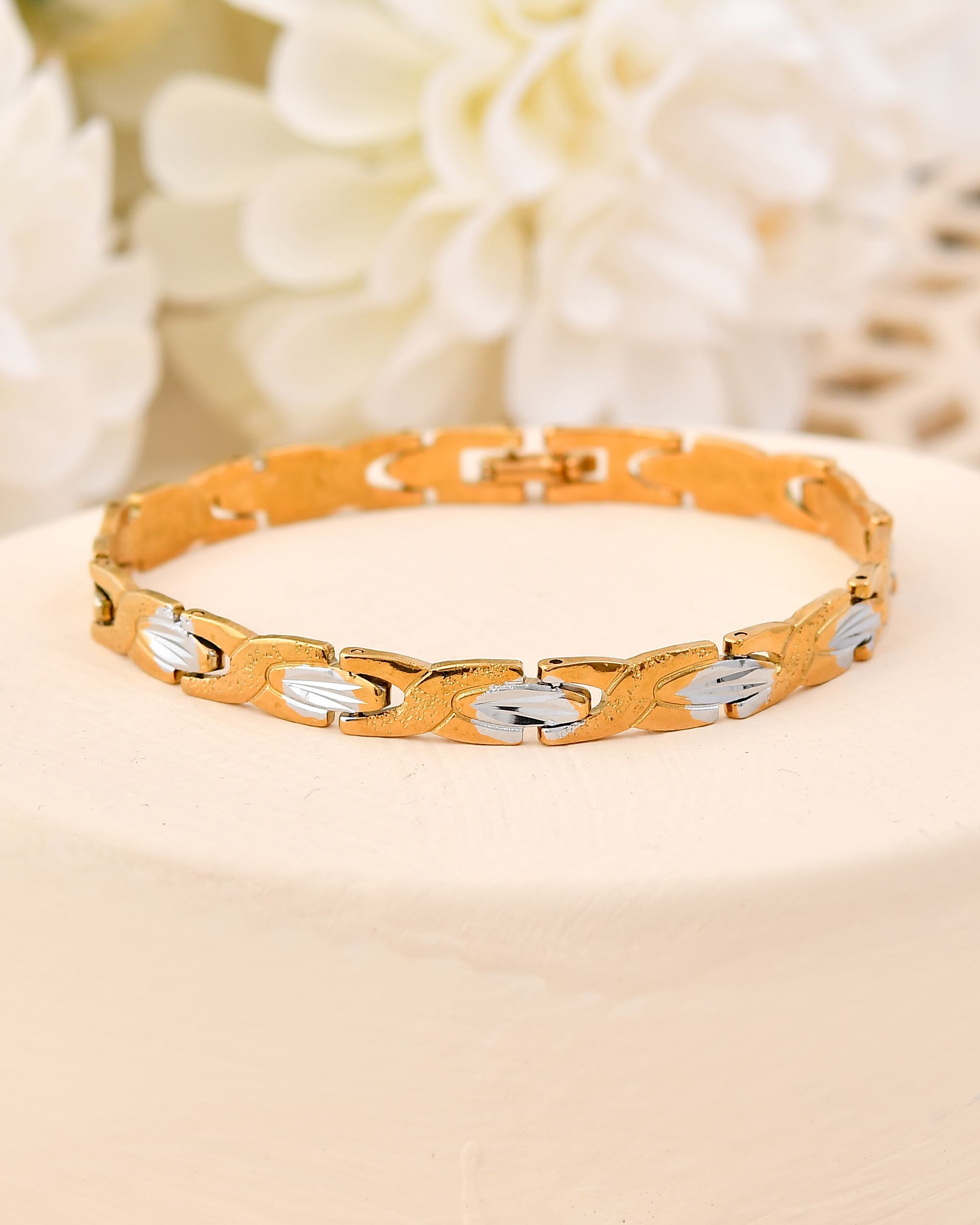 VOJ Gold And Silver Toned Stainless Steel Textural Linked Bracelet For Men