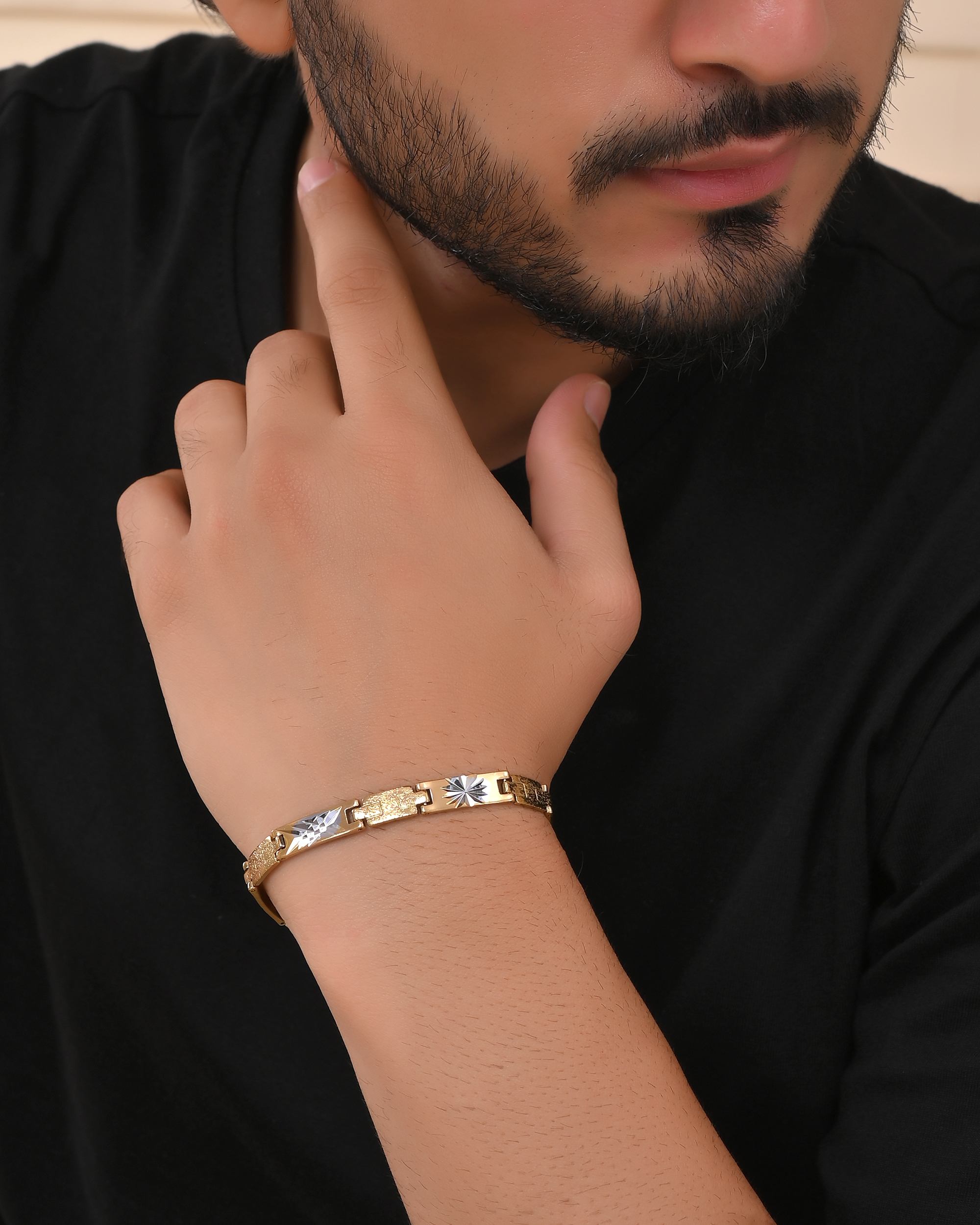 VOJ Gold And Silver Toned Stainless Steel Textural Designer Bracelet For Men
