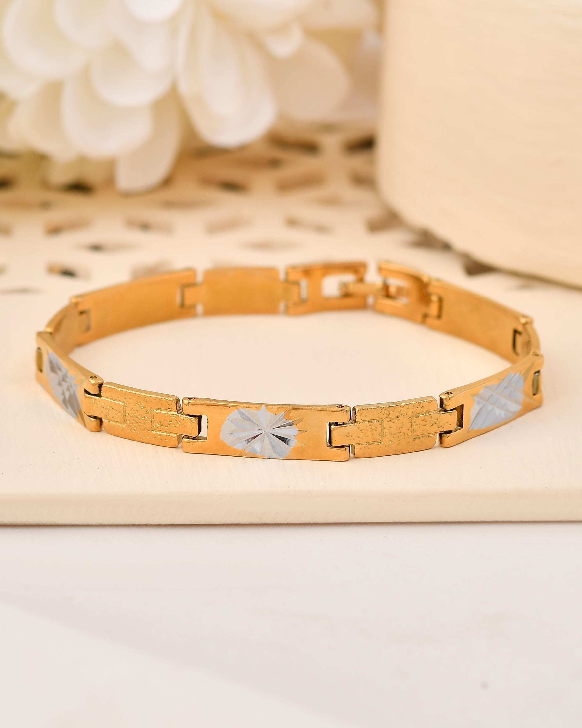 VOJ Gold And Silver Toned Stainless Steel Textural Designer Bracelet For Men