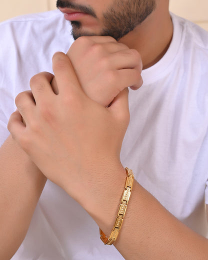 VOJ Men Gold Polished Textural Link Bracelet - Distacart