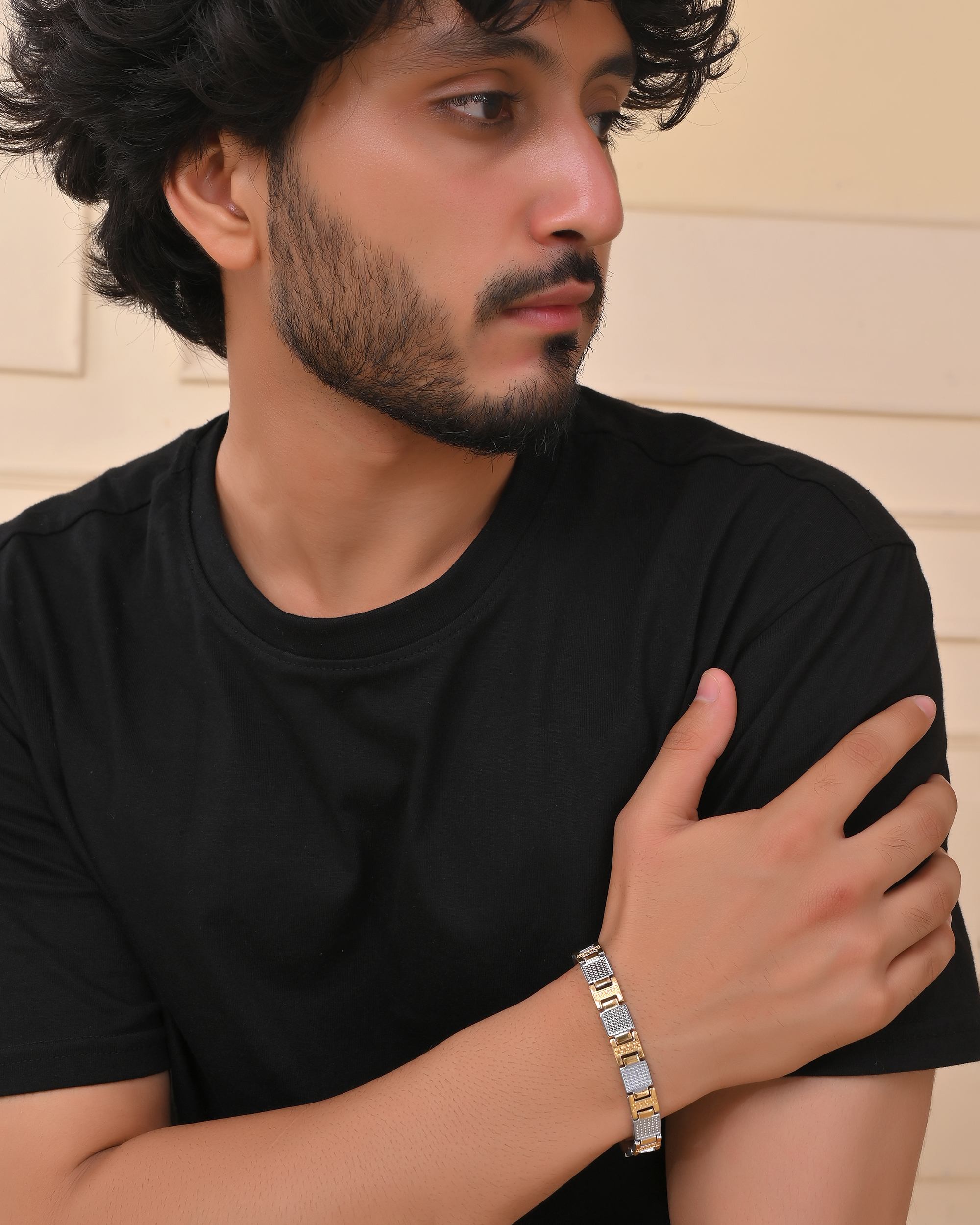 VOJ Men Dual-Toned Stainless Steel Textured Chain Bracelet