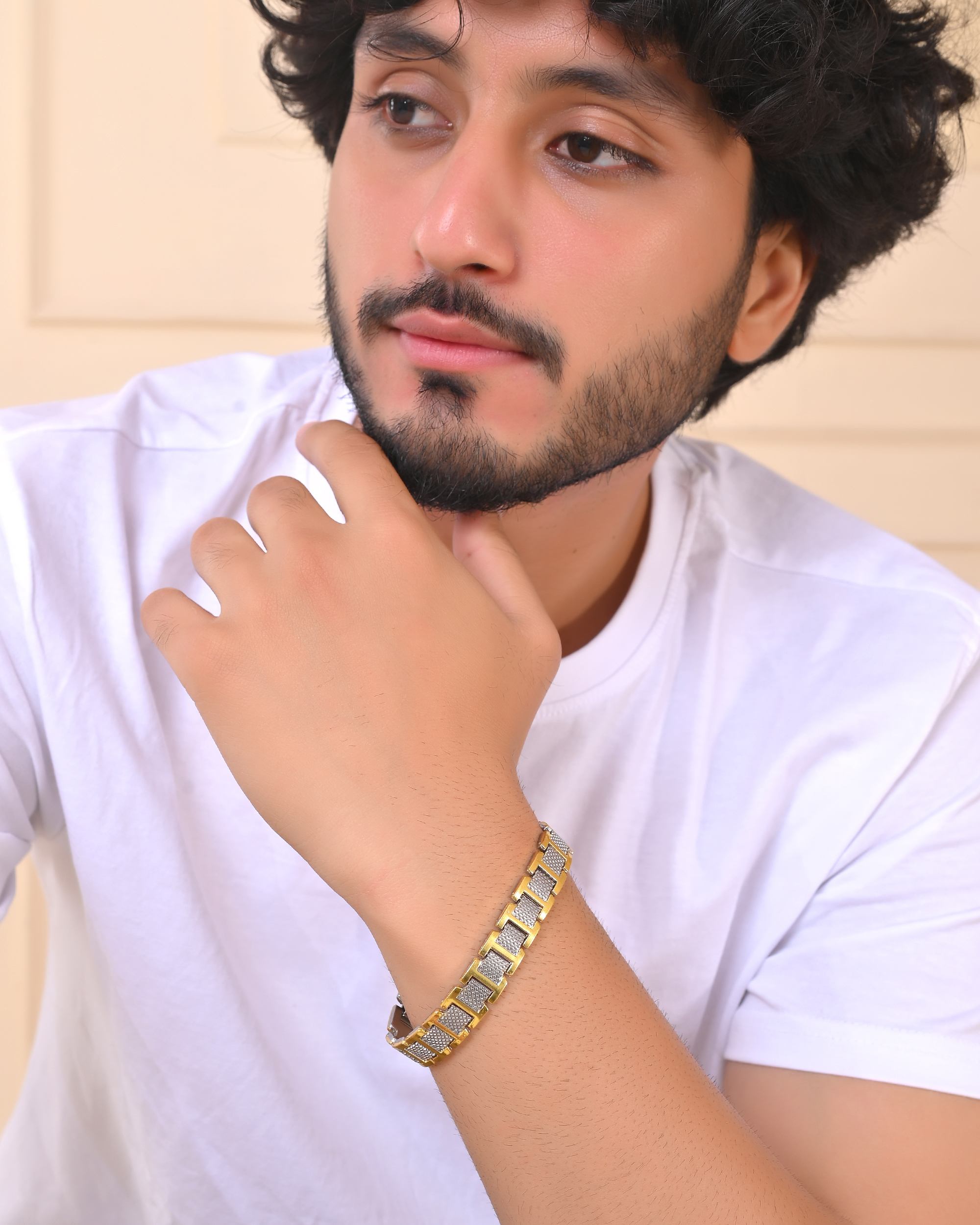VOJ Silver And Gold Polished Stylish Geometrical Shaped Men's Bracelet