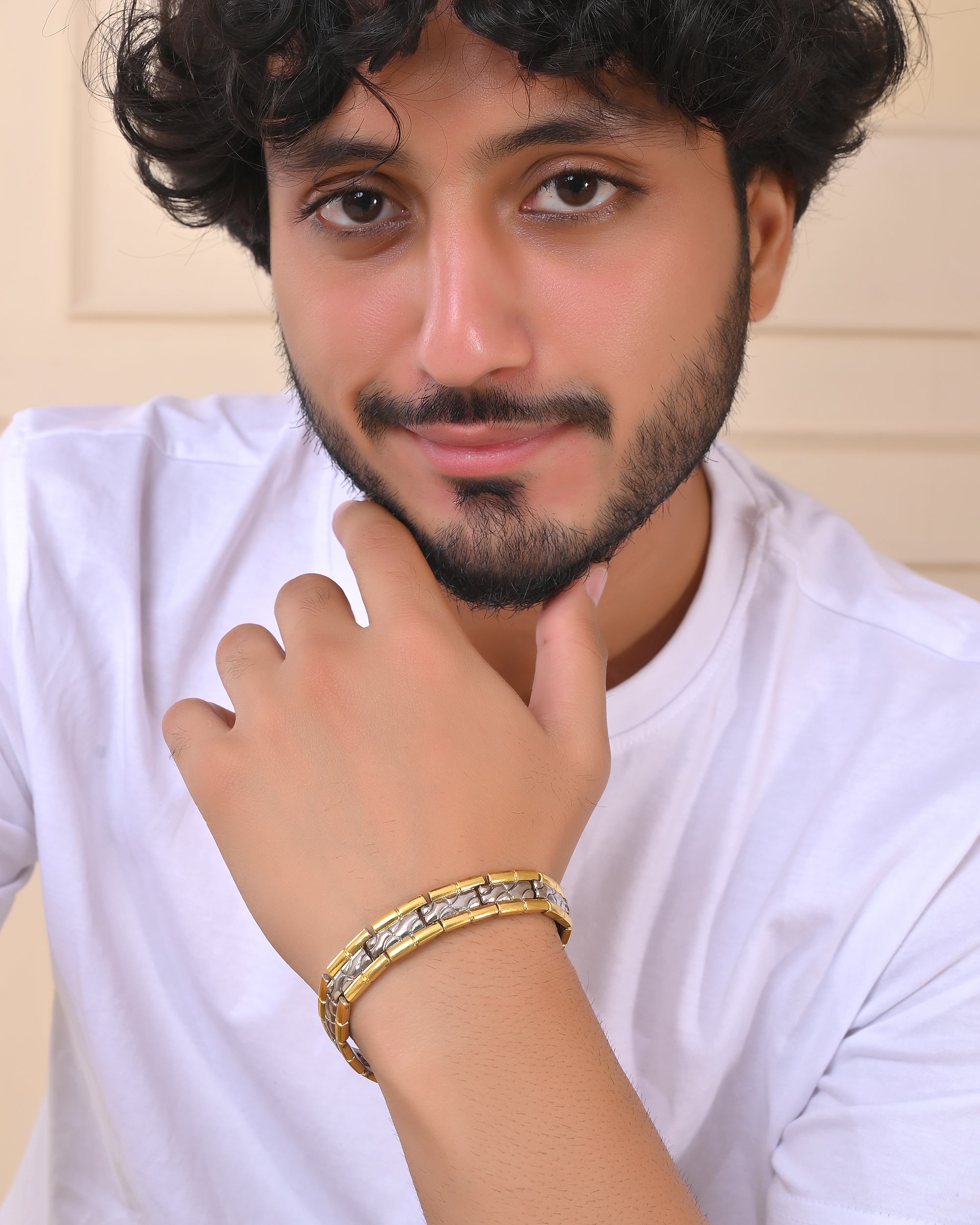 VOJ Silver And Gold Polished Textural Designed Linked Shaped Men's Bracelet