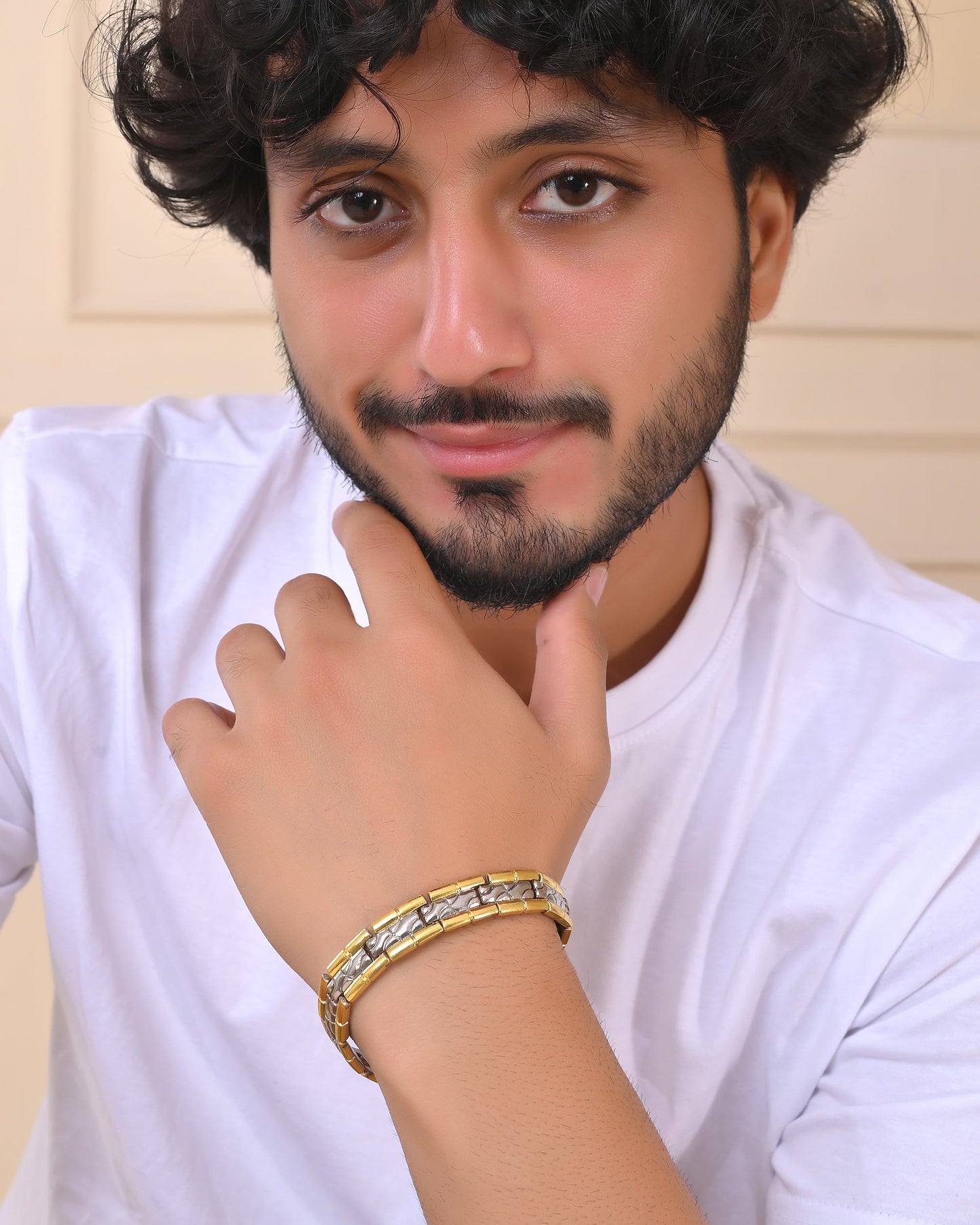 VOJ Silver And Gold Polished Textural Designed Linked Shaped Men's Bracelet - Distacart