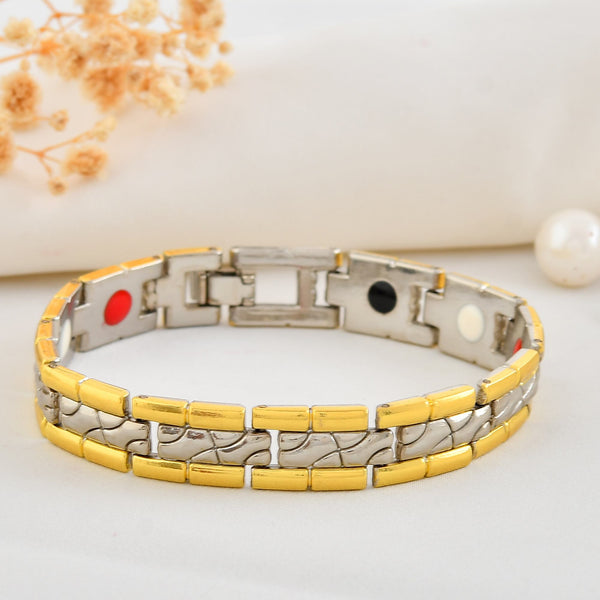 VOJ Silver And Gold Polished Textural Designed Linked Shaped Men's Bracelet