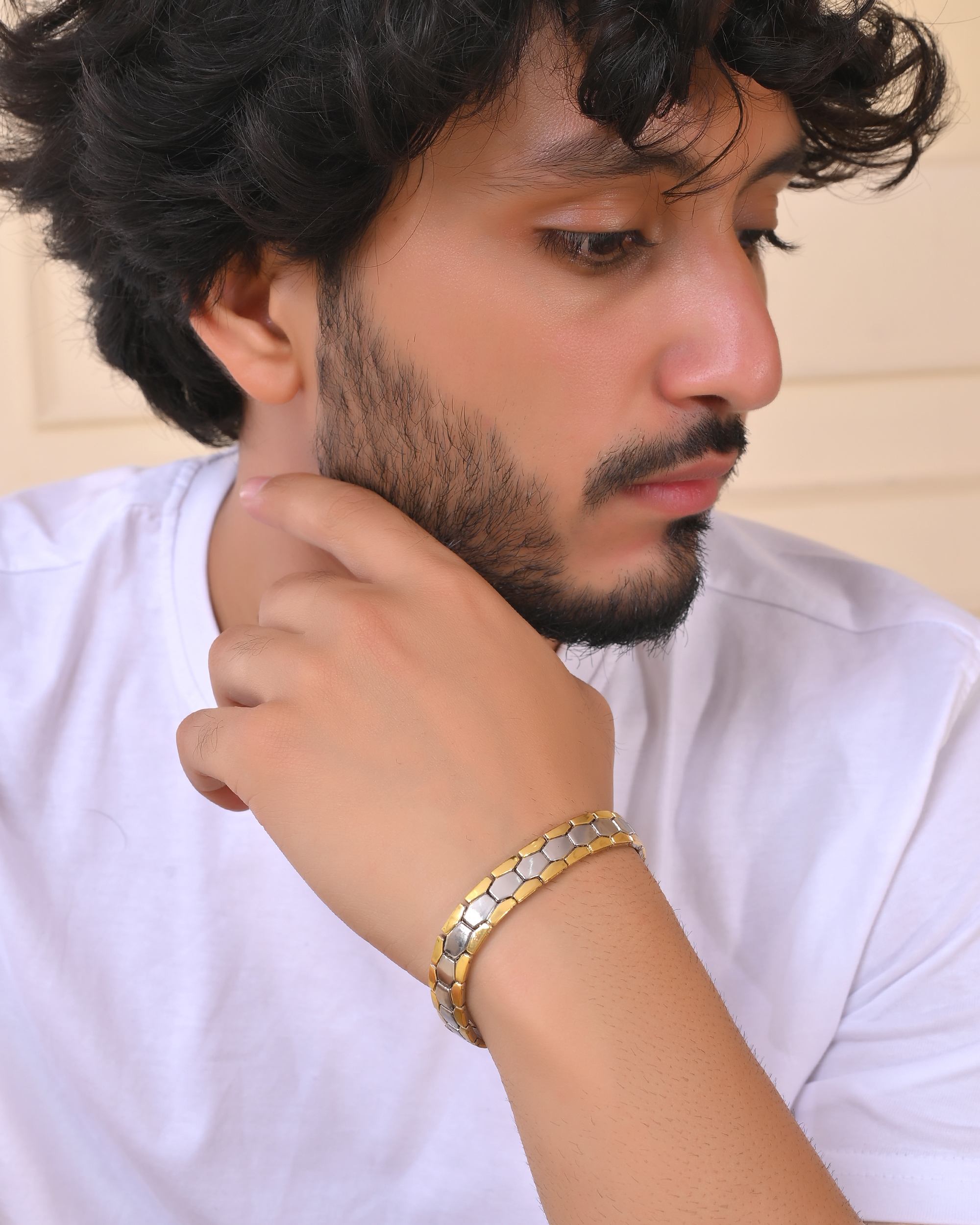 VOJ Silver And Gold Polished Minimal Geometrical Shaped Men's Bracelet