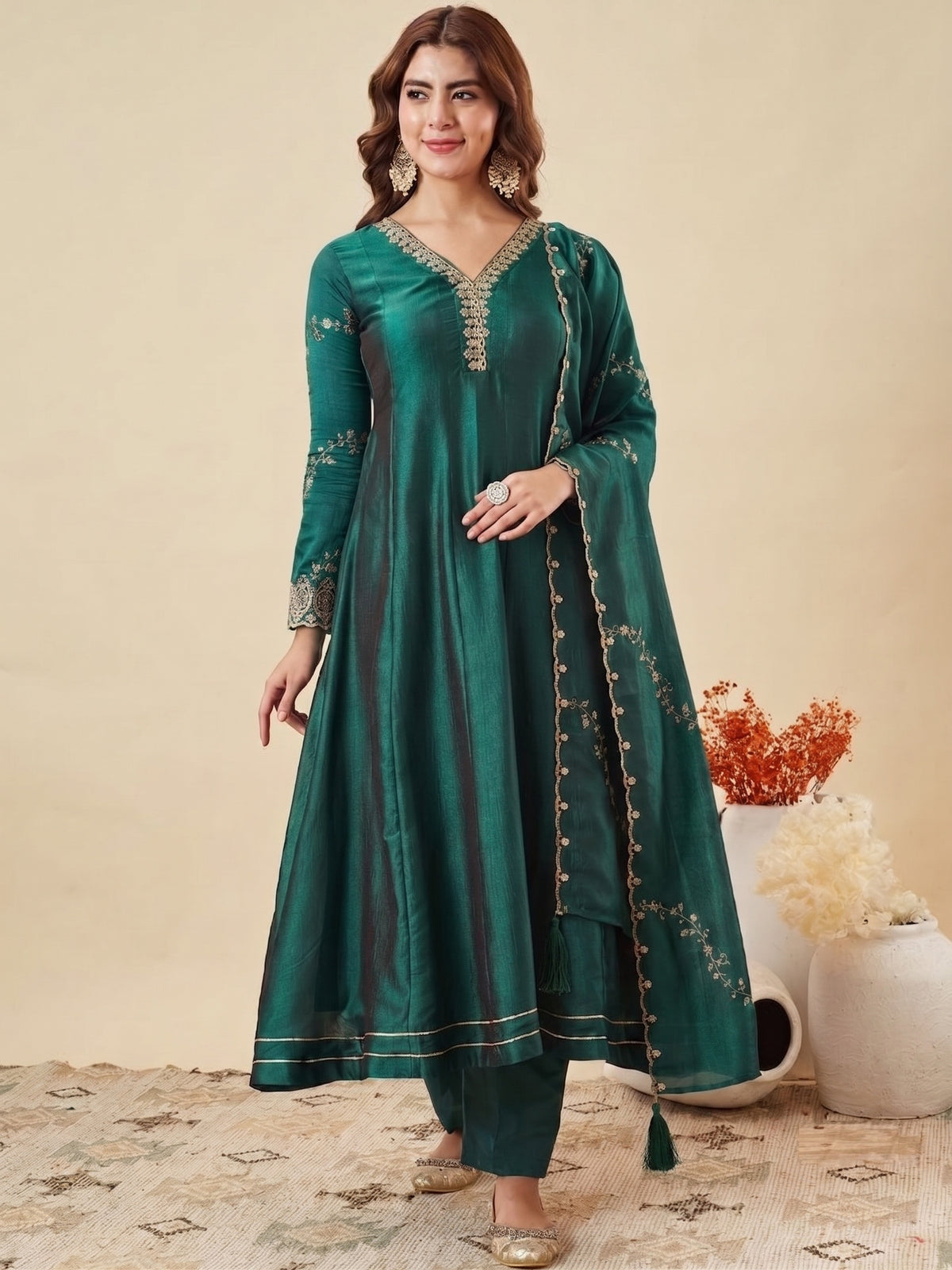 Dwija Fashion Anarkali Kurti Vichitra Silk Embroidered Bottle Green Color Kurti With Pant And Dupatta