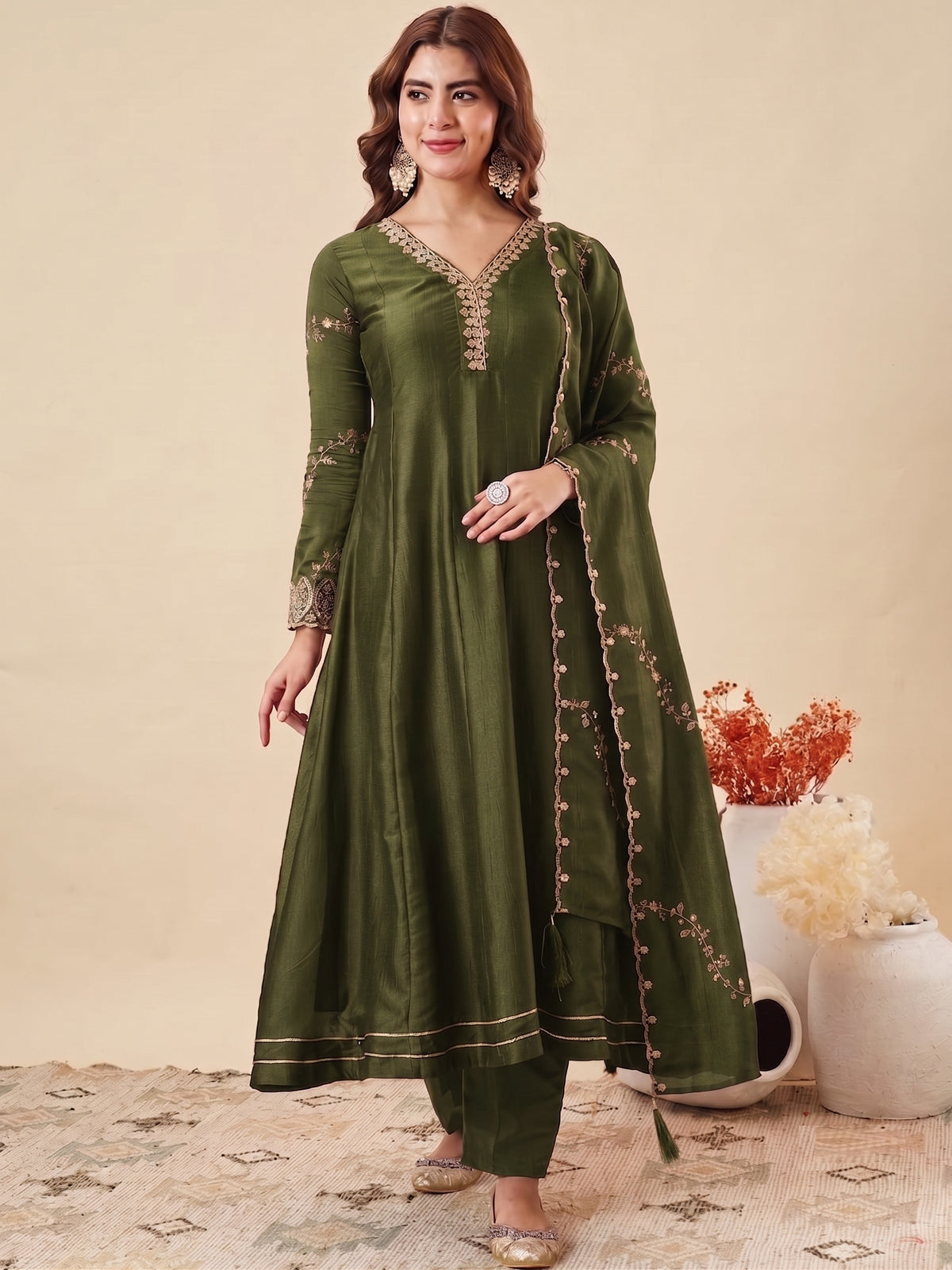 Dwija Fashion Anarkali Kurti Vichitra Silk Embroidered Mehandi Kurti With Pant And Dupatta