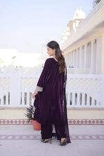 Thumbnail for Teeya Creation Womens New Wine Velvet With Rich Zari Coding Embroidered Work Kurta Pant Dupatta Set - Dista