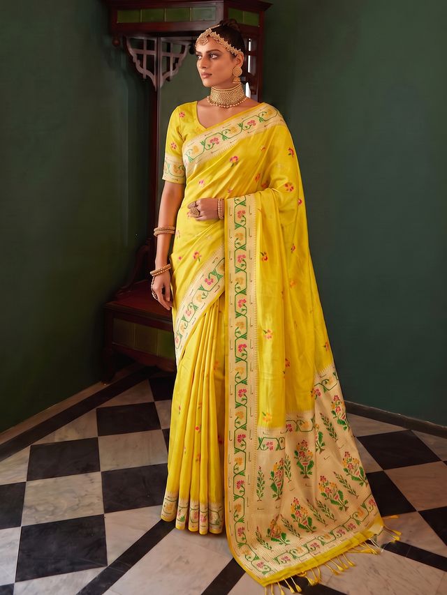Shree Shyam Fashion Mustard Woven Work Tissue Silk Fabric Festive Wear Saree With Blouse