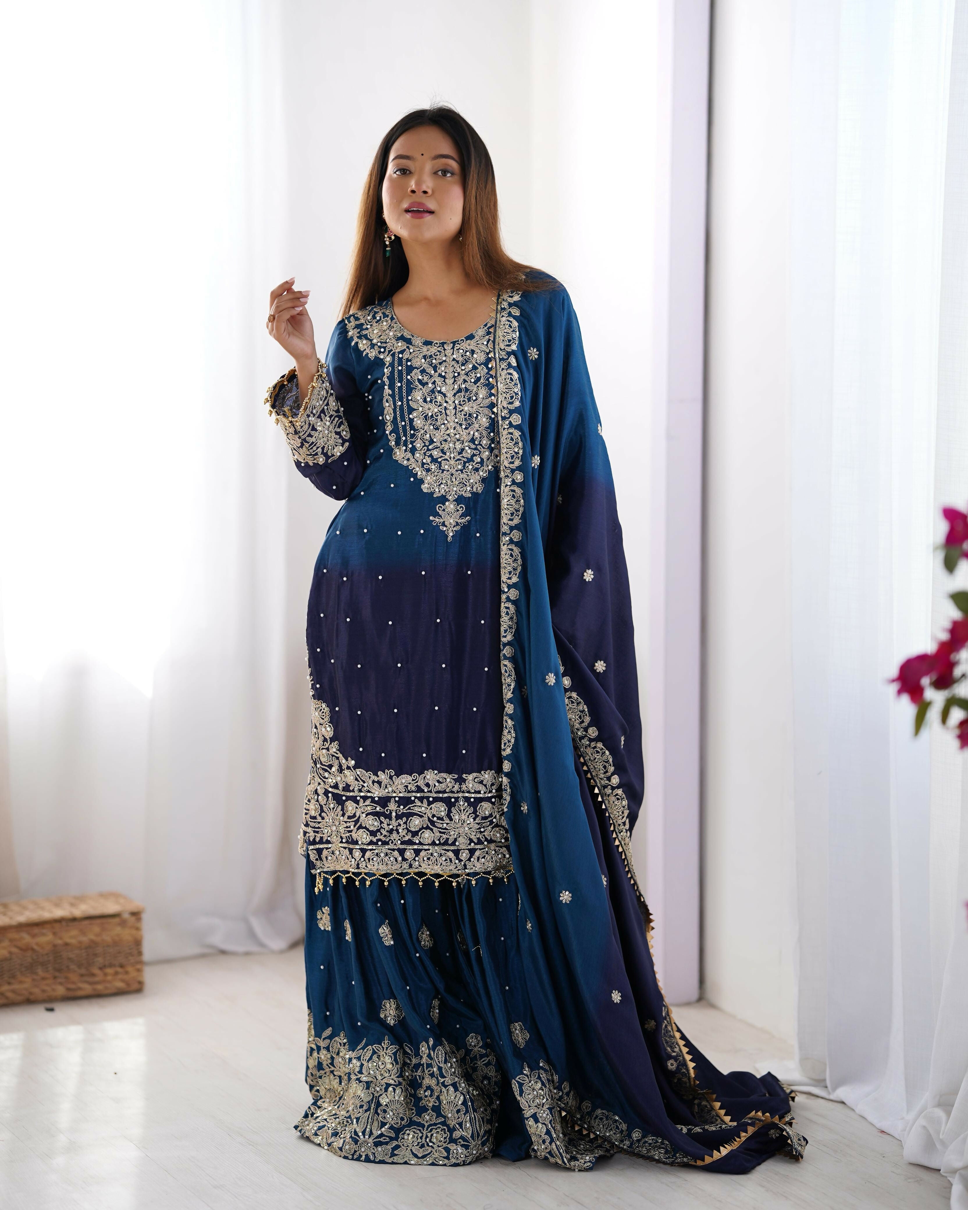 Joban Fashion Blue Palazzo Chinon silk Coding Dori with Sequence with Rivet Moti