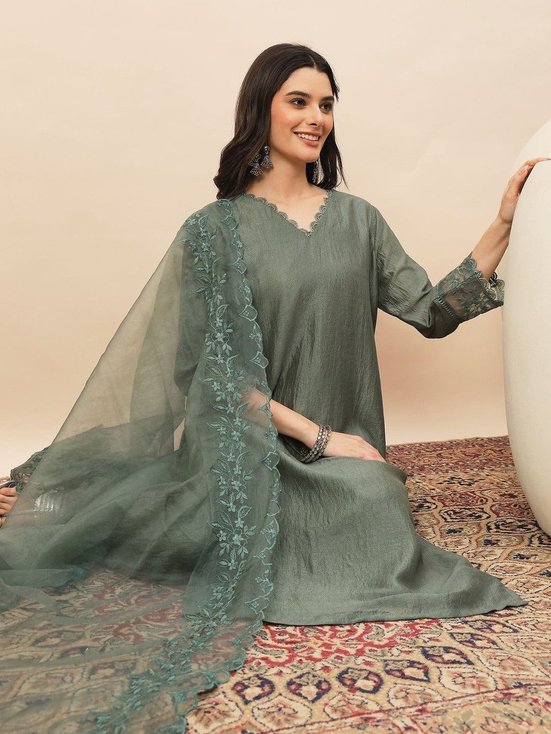 Dwija Fashion A-Line Kurti Silk Blend Embroidered Pista Kurti With Pant And Dupatta