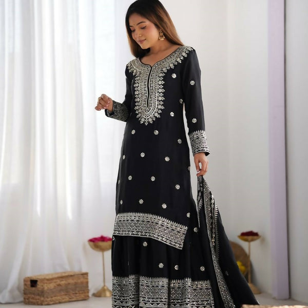 Teeya Creation Black Colour Chinnon Silk Heavy Embroidery Work Fully Stitched Salwar Suit