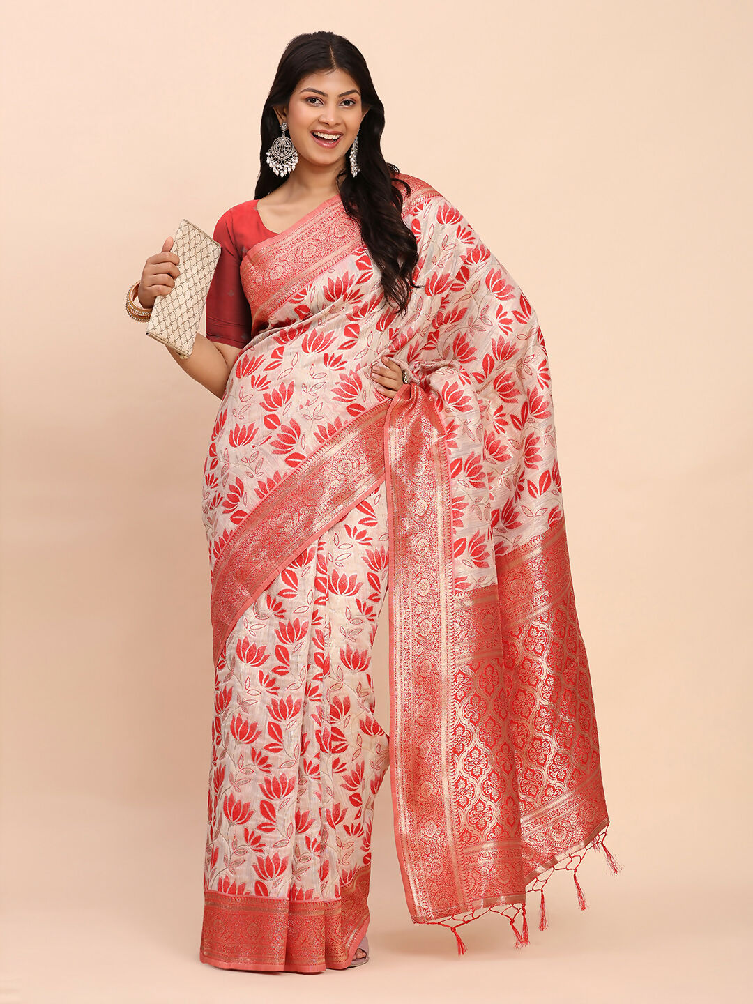 Astita Linen Cotton Red Saree