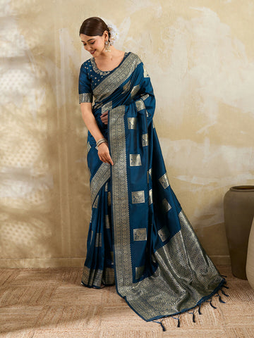 Shree Shyam Fashion Teal Blue Silk Blend Saree - Distacart