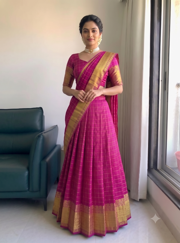 Teeya Creation Festive Rani Pink Checkered Silk Lehenga Choli with Golden Zari Detail - Dista