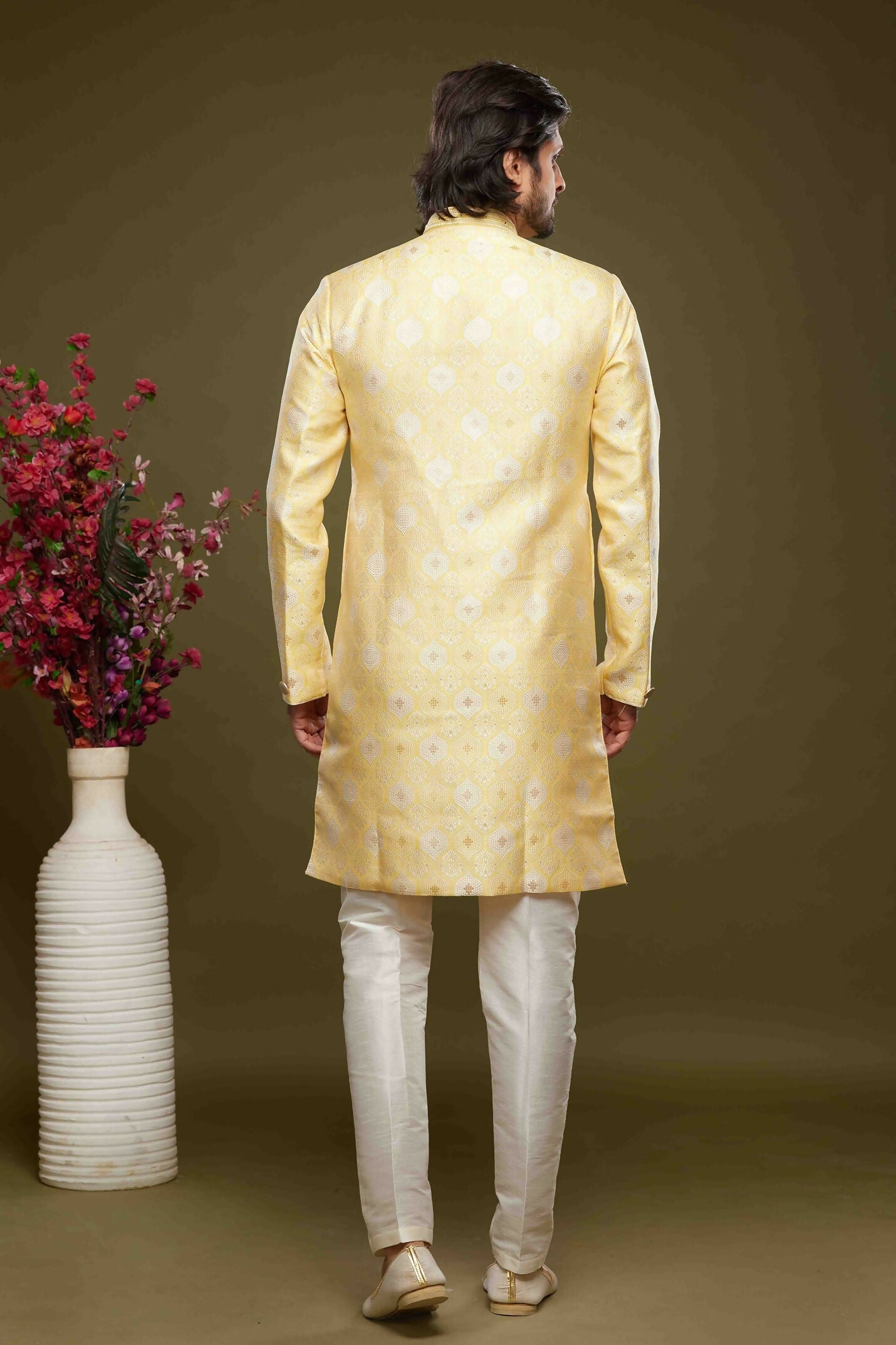 Raivat Ethnic Banarasi Jacquard Embroidery Semi Indo Western Sherwani In Yellow Colour